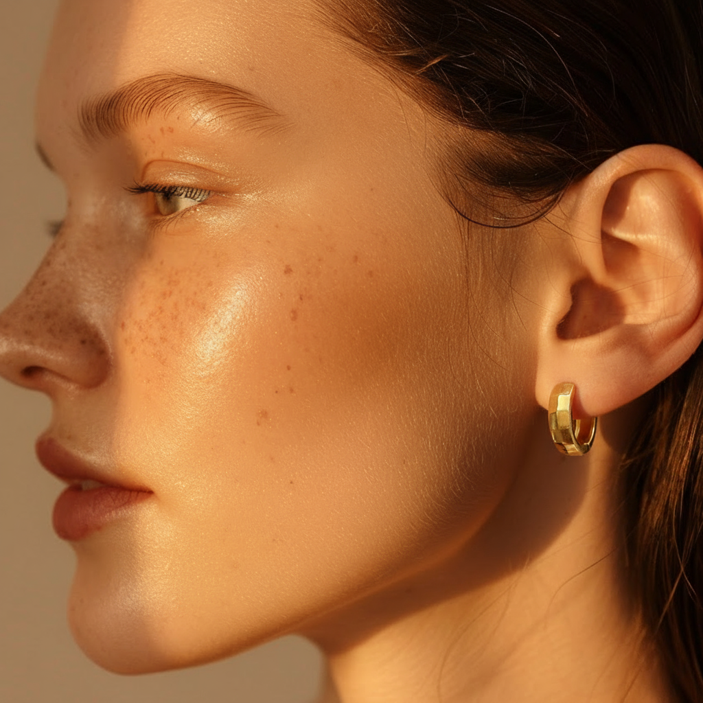 Close up lifestyle shot of a female model wearing Mira gold geometric huggie earrings in warm natural sunlight, showing a sleek minimalist athleisure jewelry style.