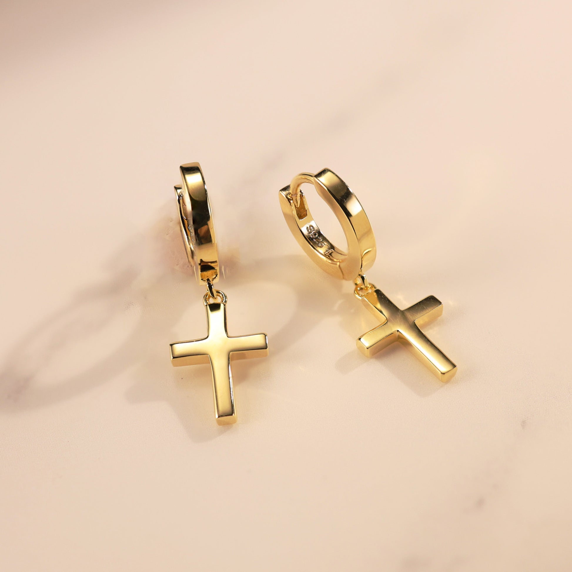Halo gold vermeil huggie earrings with cross charm, made in 14K gold vermeil over sterling silver, waterproof and lightweight by SILVBREEZE