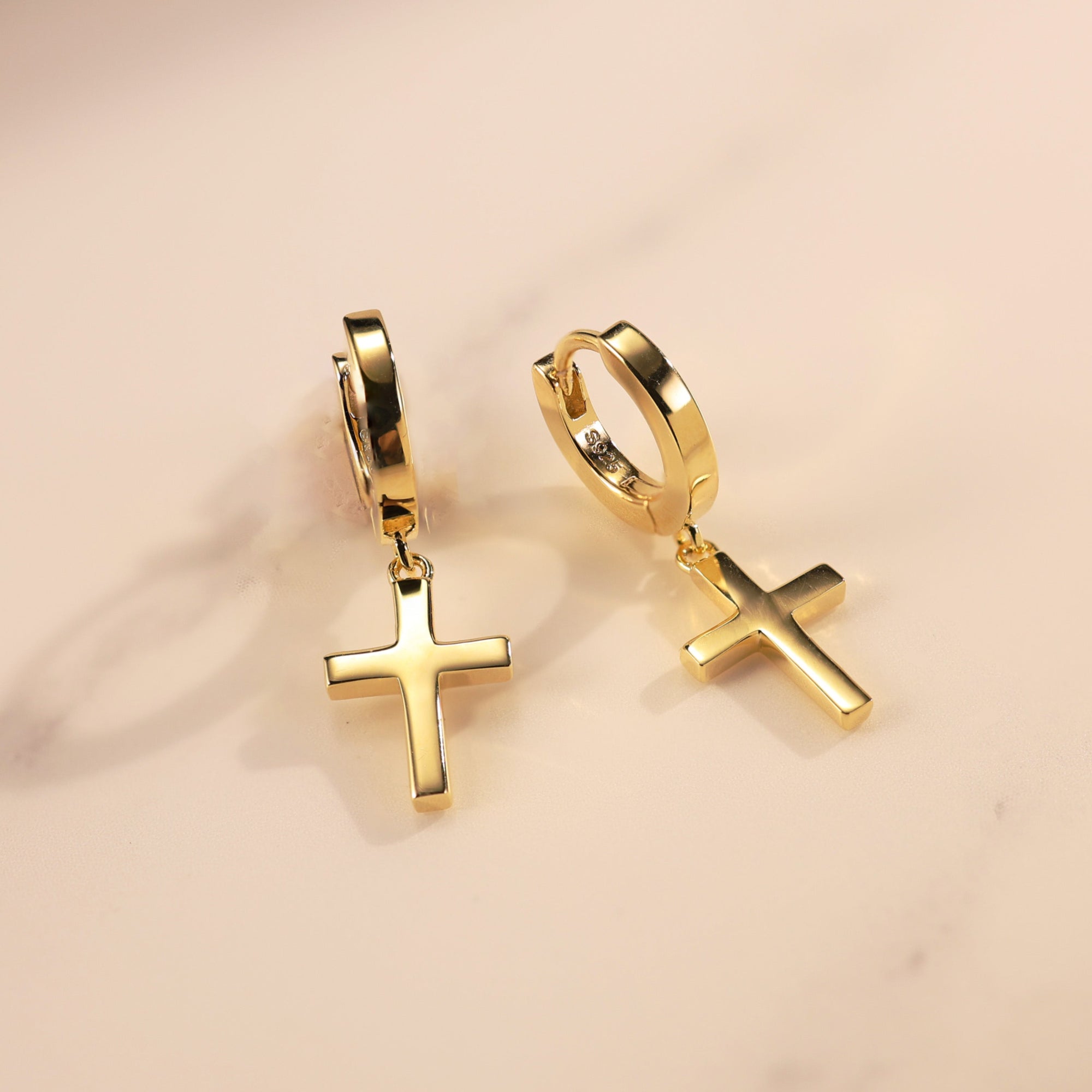 Halo gold vermeil huggie earrings with cross charm, made in 14K gold vermeil over sterling silver, waterproof and lightweight by SILVBREEZE
