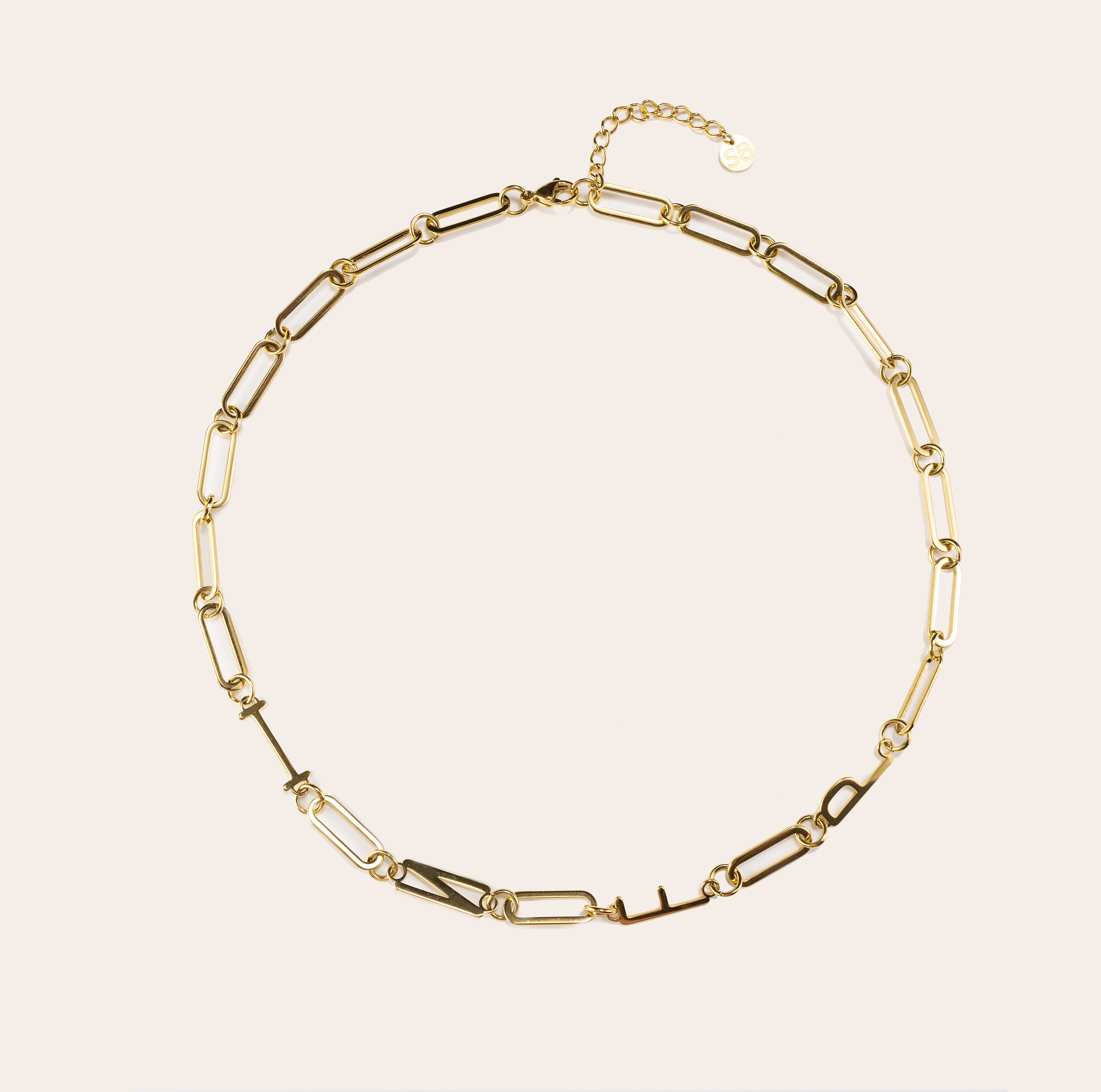 Full view of the INFP gold letter paperclip chain necklace, crafted with durable 18K gold-plated links and a tarnish-resistant finish.