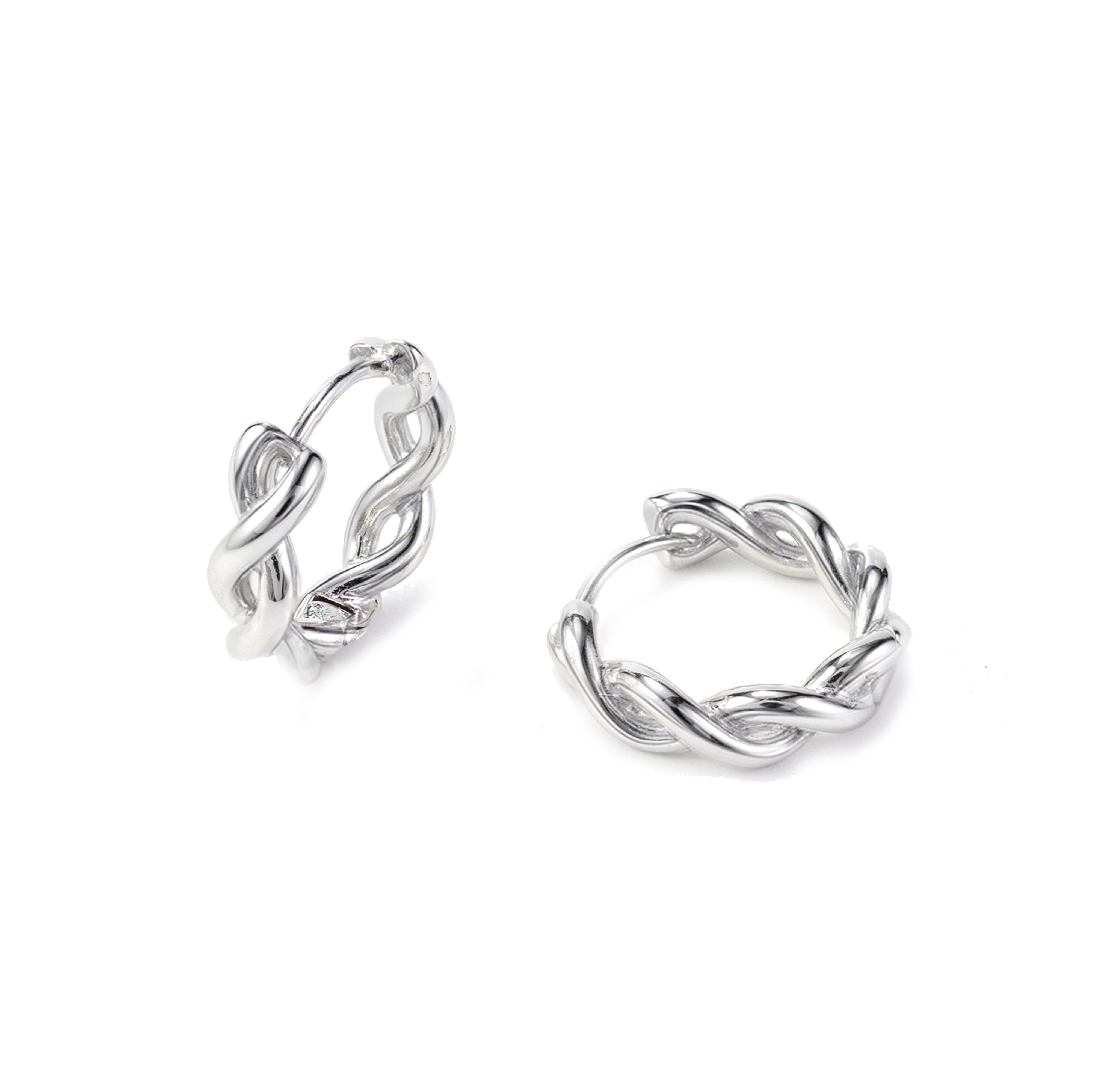 Kiva silver twisted chain huggie earrings made of sterling silver, lightweight waterproof minimalist athleisure jewelry by Silvbreeze.