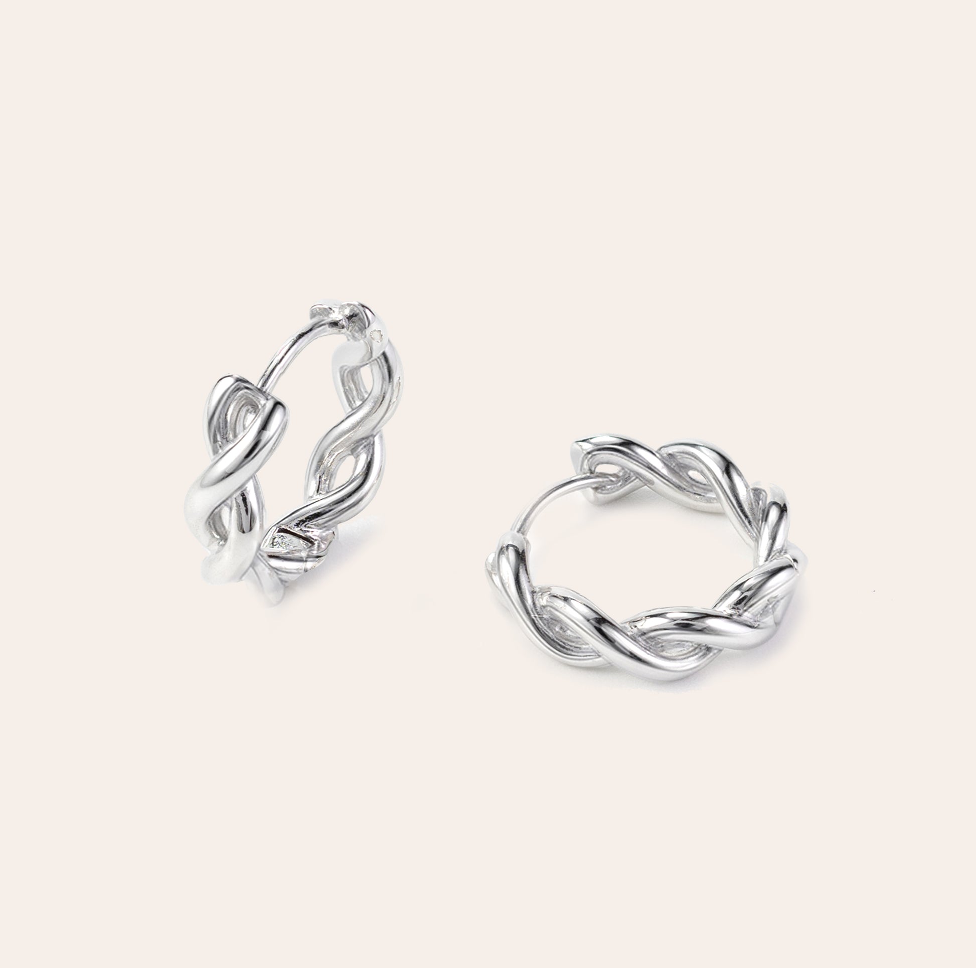 Kiva white gold huggie earrings with sculptural chain design, vermeil over sterling silver, lightweight and waterproof athleisure jewelry by SILVBREEZE