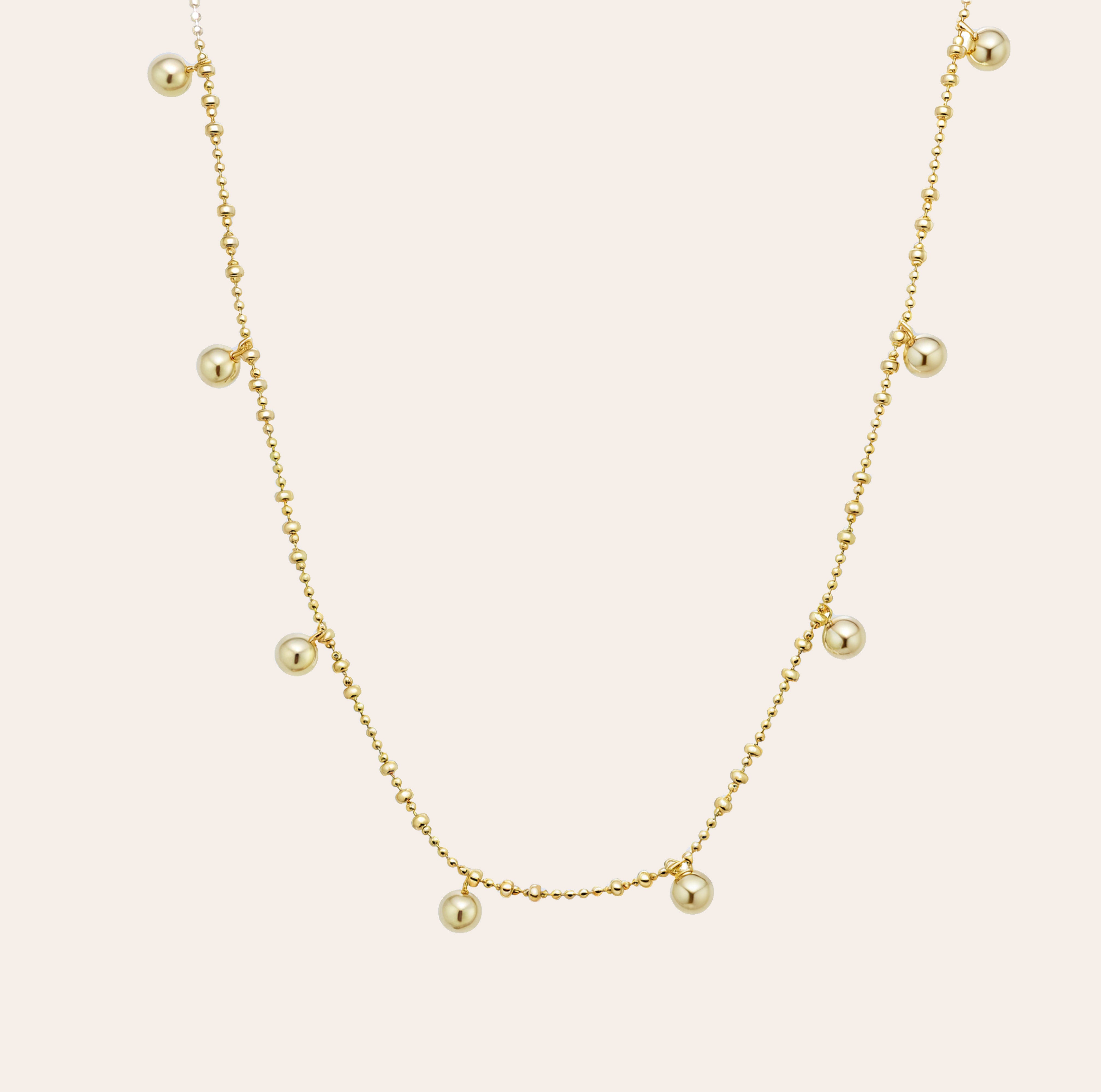 Lyric gold vermeil beaded necklace with floating round beads on a dainty chain, crafted in 14K gold vermeil over sterling silver, lightweight and layering-ready by SILVBREEZE