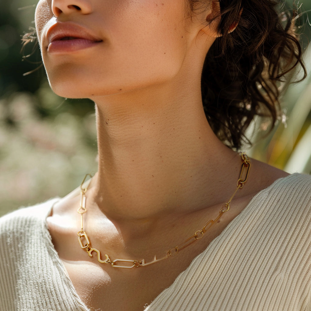 Model wearing gold personality necklace in a soft shadowed close-up, used as the MBTI landing hero image – Silvbreeze.