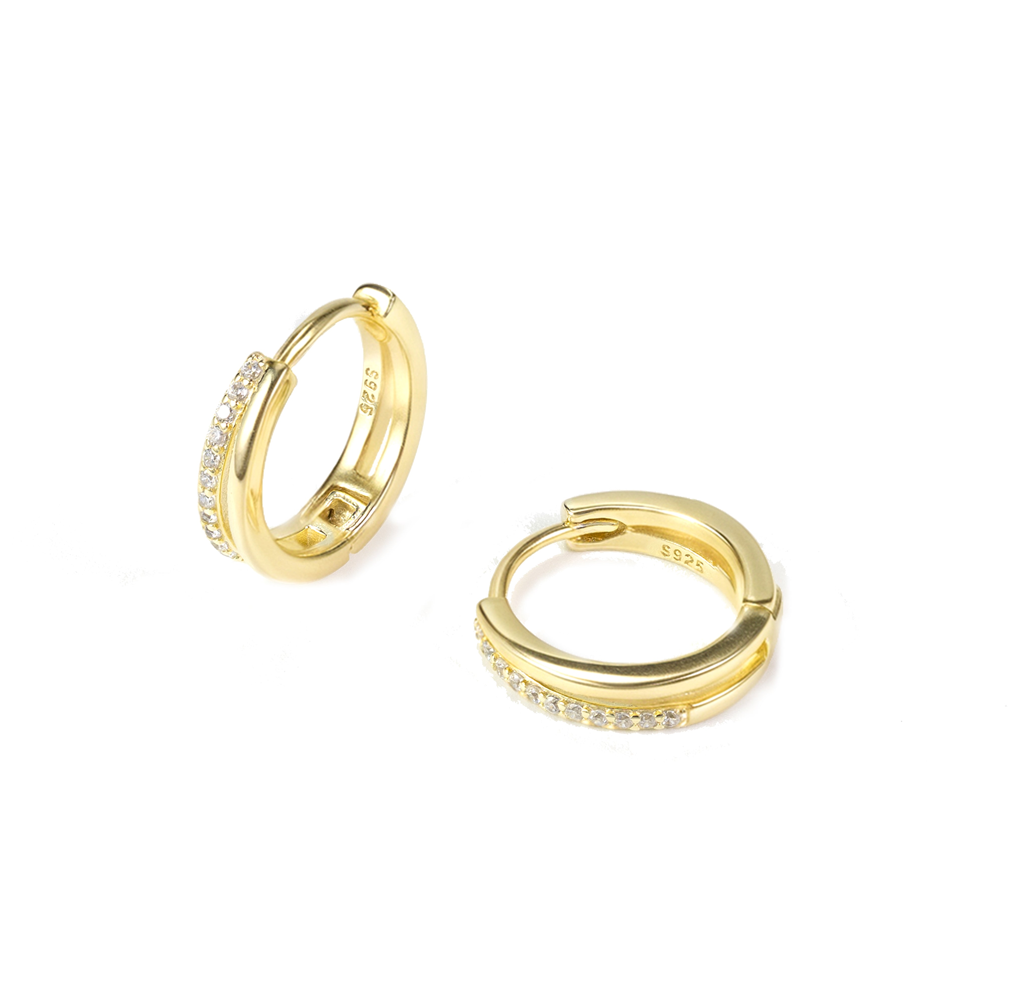 Nira gold vermeil huggie earrings with cubic zirconia stones, sterling silver base, sleek waterproof everyday hoops by Silvbreeze