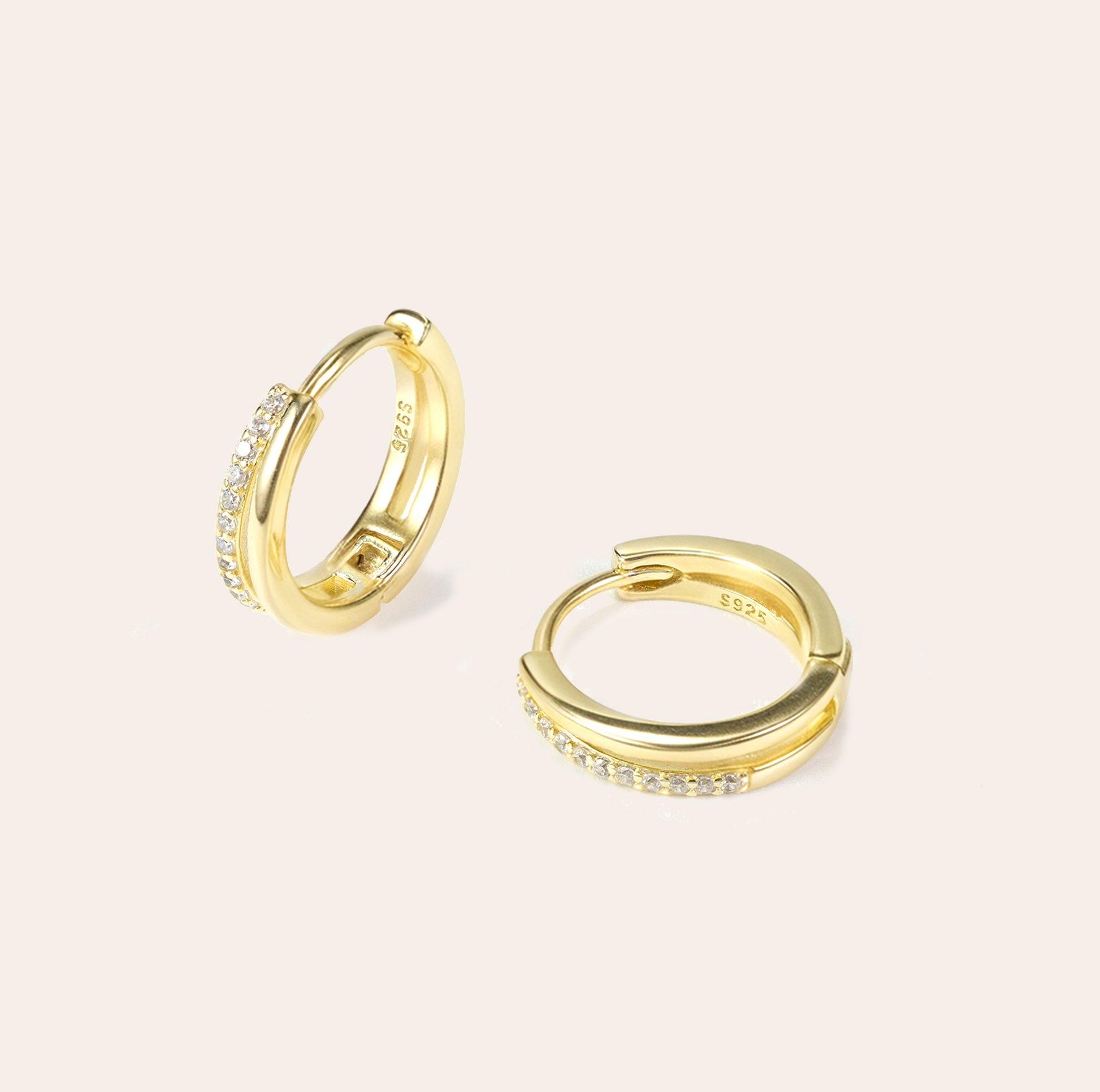 Nira gold huggie earrings in 14K gold vermeil with synthetic gemstones, lightweight and sweatproof design by SILVBREEZE