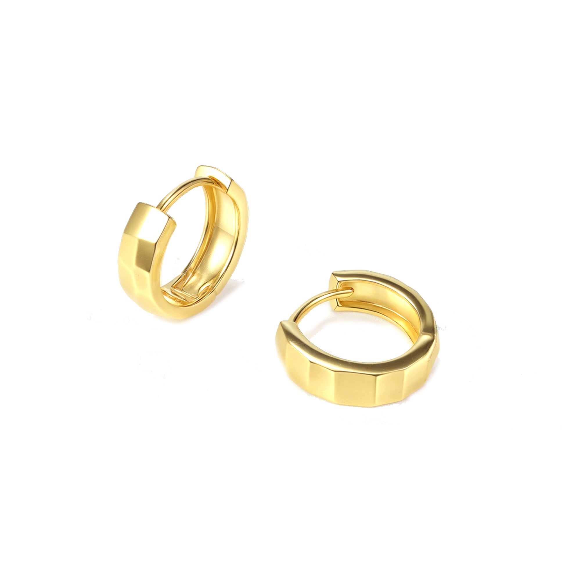 Mira Gold huggie earrings in 14K gold vermeil by Silvbreeze shown on a clean white background, minimalist everyday hoop earrings with geometric design