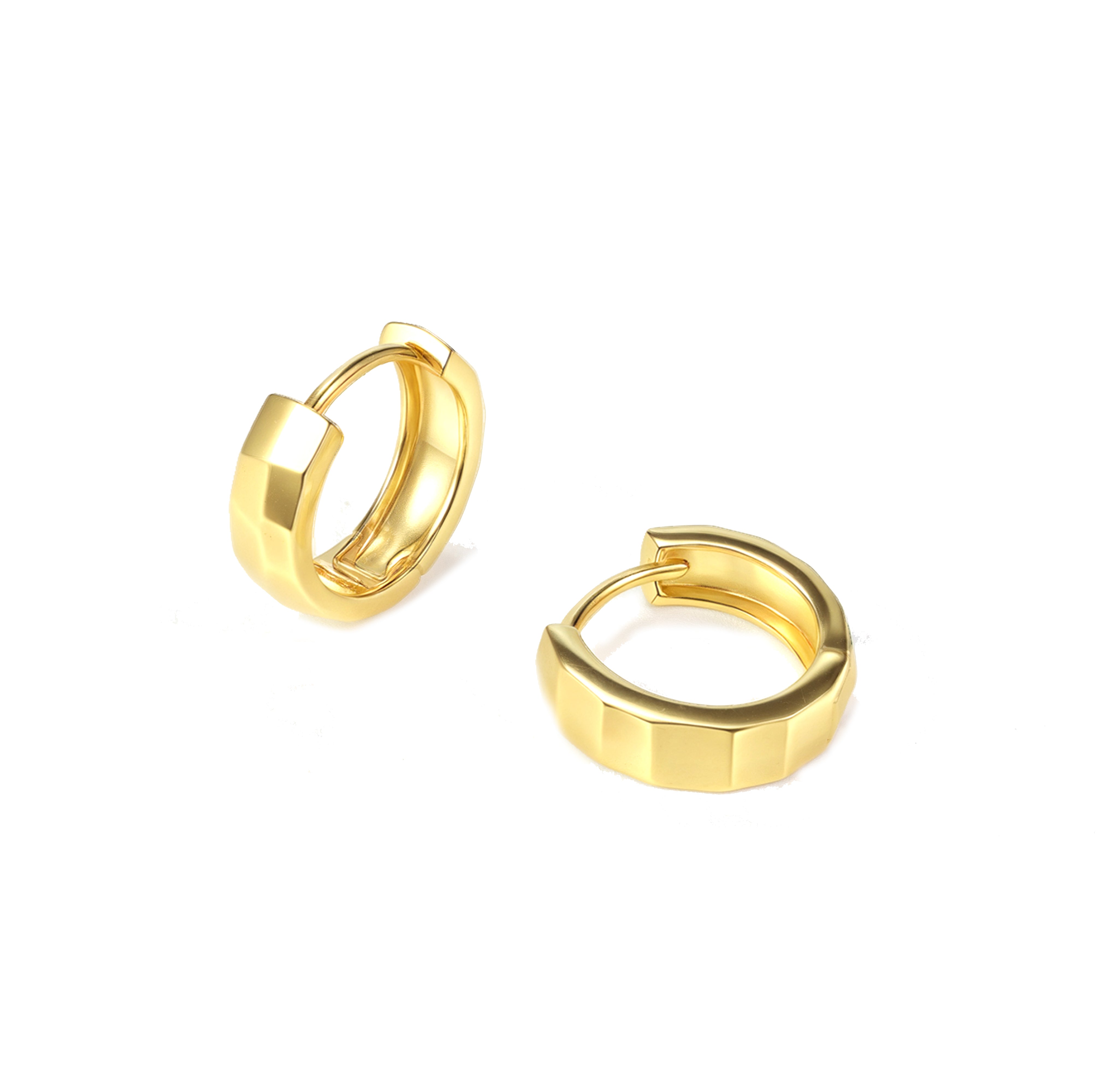 Mira Gold huggie earrings in 14K gold vermeil by Silvbreeze shown on a clean white background, minimalist everyday hoop earrings with geometric design