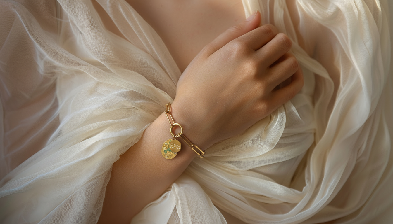 Model wearing a gold paperclip bracelet with a bluebird charm and angel number 888 O-clasp design from Silvbreeze.