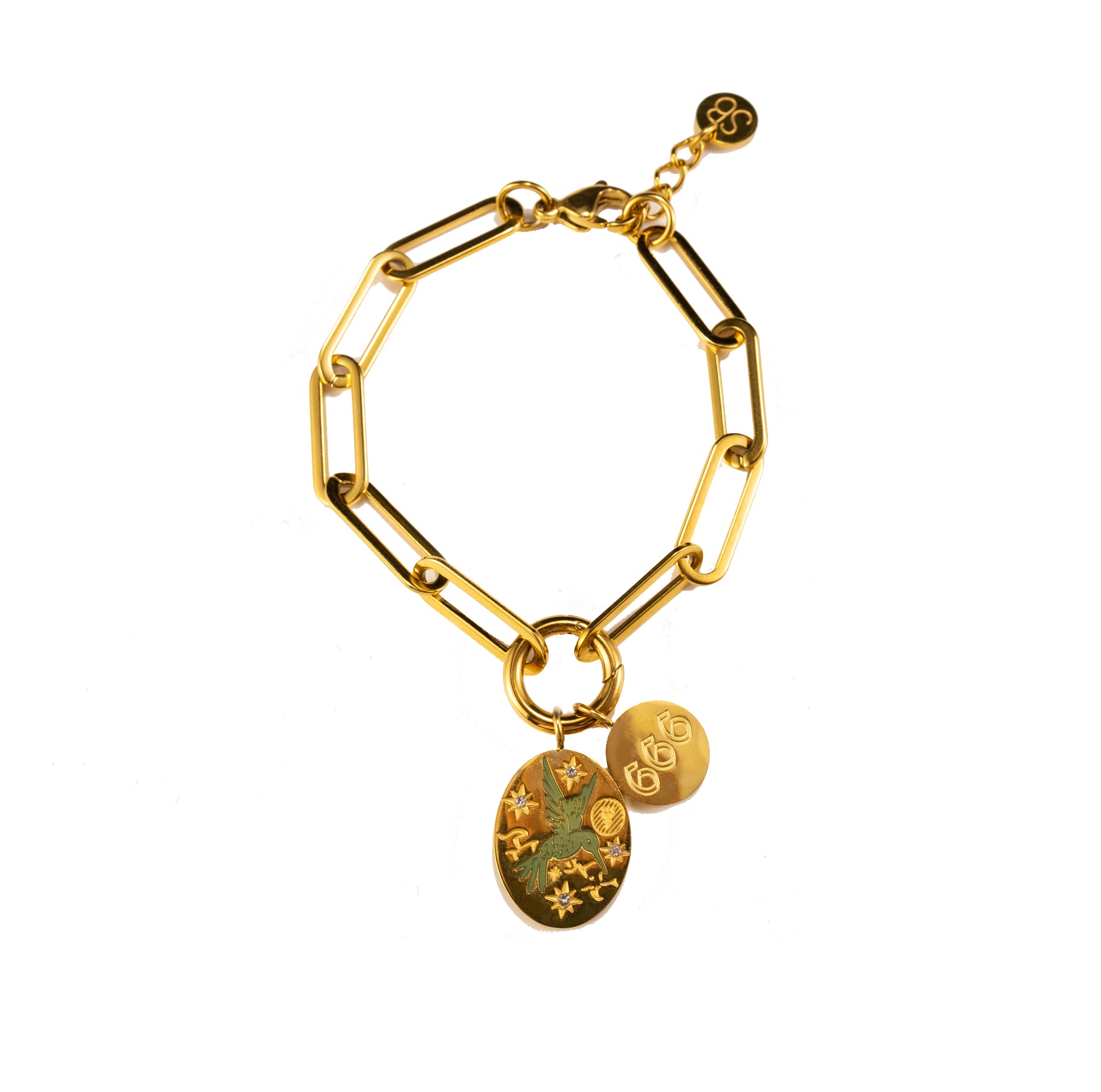 Gold paperclip bracelet with O-clasp charm holder, featuring hand-painted green bird pendant and interchangeable angel number and 666 charms, displayed on a clean white background