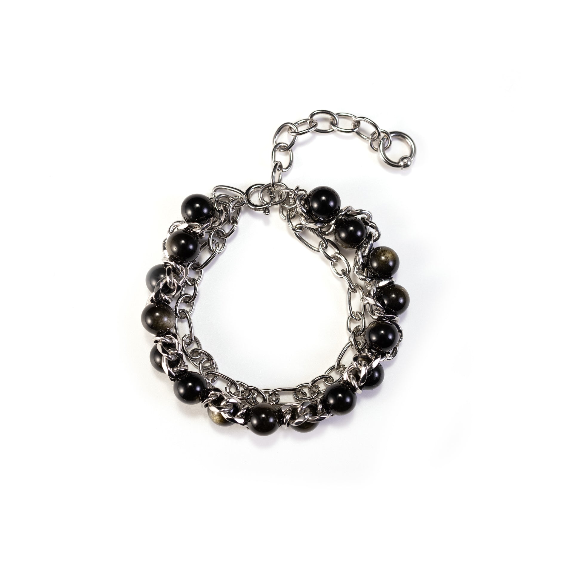 Silvbreeze Apollo & Artemis bracelet featuring golden obsidian beads on a silver-toned stainless steel chain against a clean white background