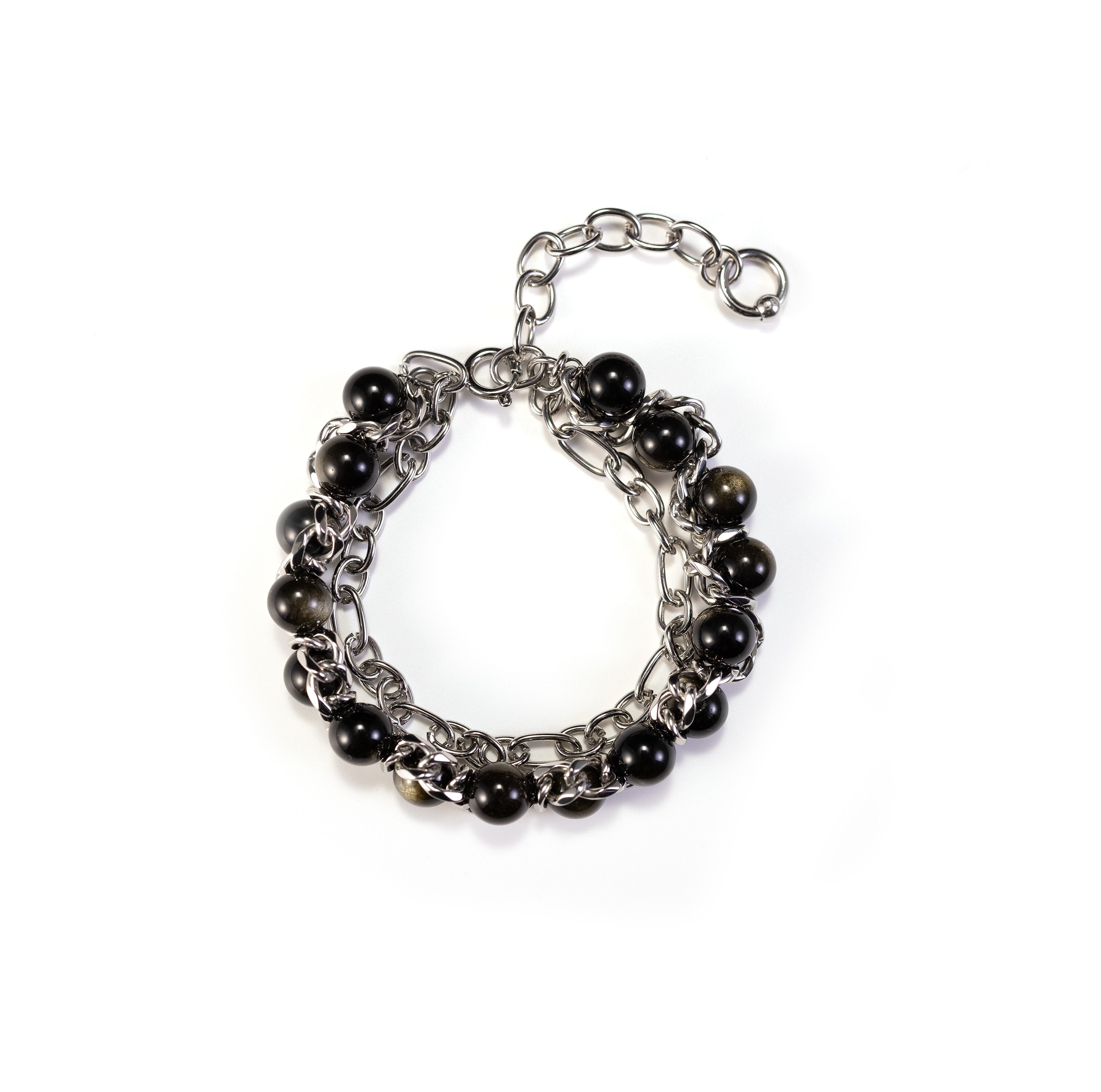 Silvbreeze Apollo & Artemis bracelet featuring golden obsidian beads on a silver-toned stainless steel chain against a clean white background