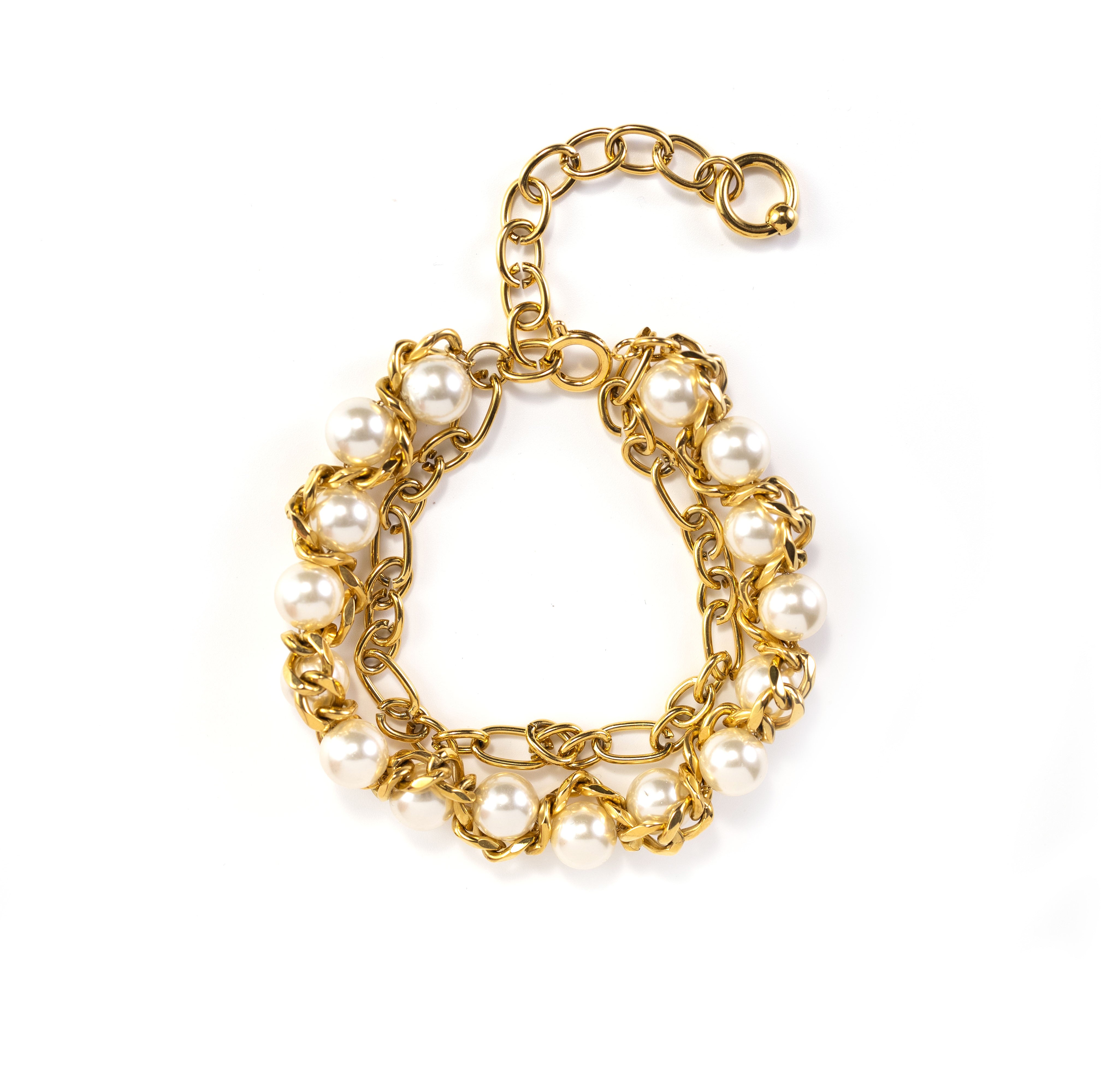 Silvbreeze Apollo & Artemis gold-toned mother of pearl bracelet crafted from stainless steel on a white background