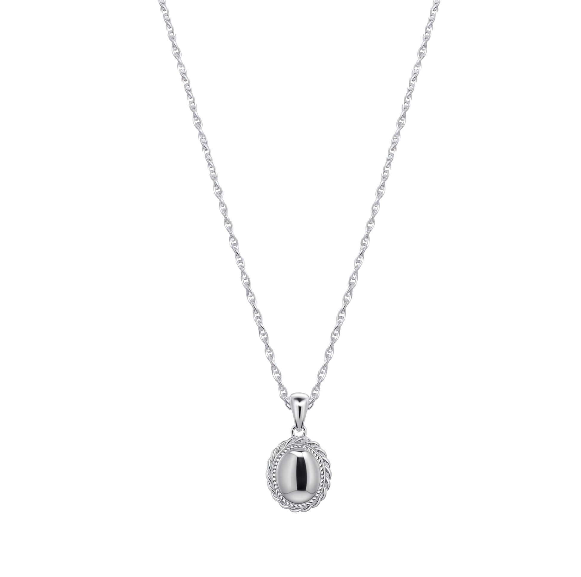 Astra white gold vermeil sterling silver pendant necklace with polished rounded oval design, lightweight waterproof athleisure jewelry, displayed on a clean white background