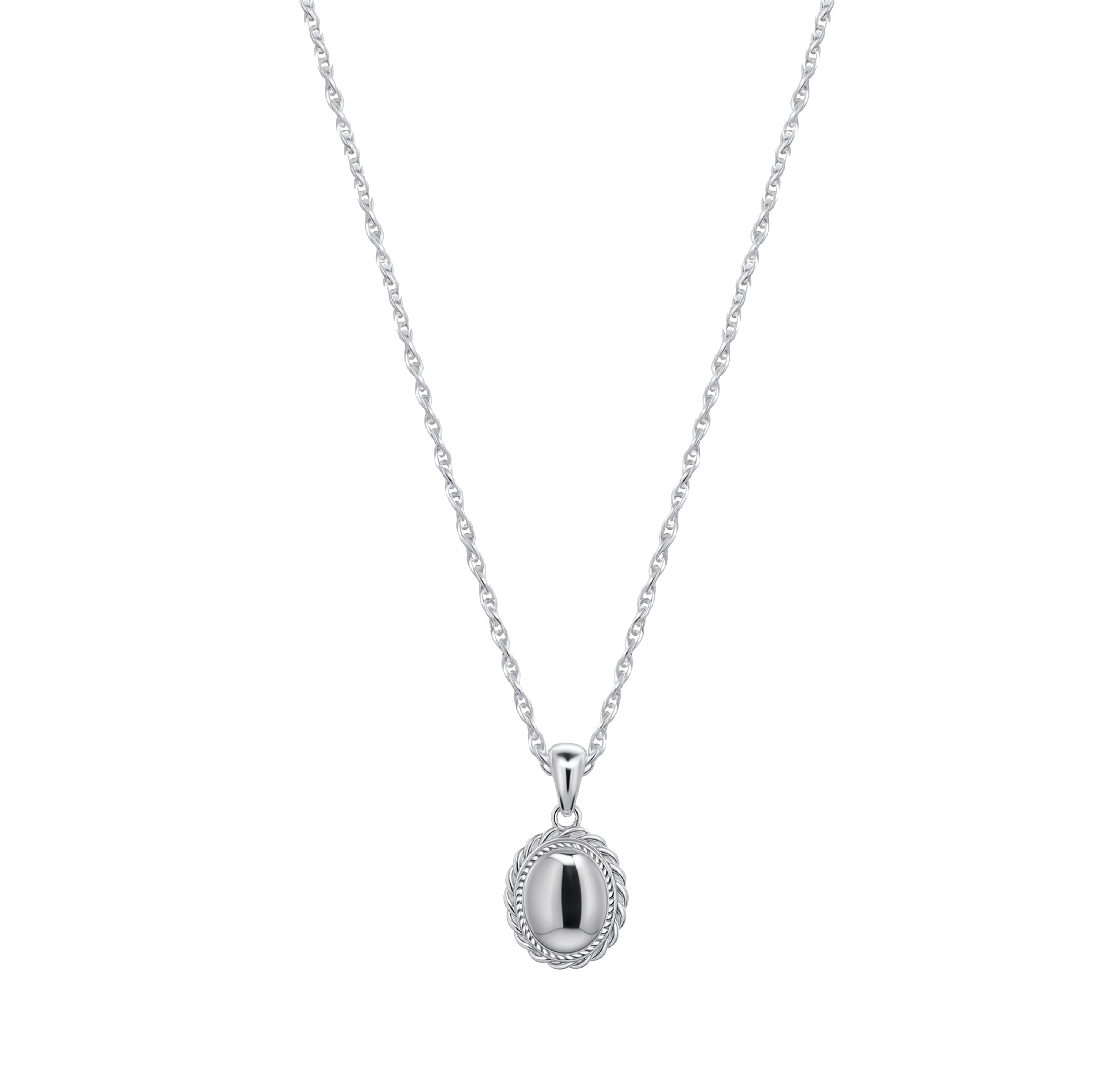 Astra white gold vermeil sterling silver pendant necklace with polished rounded oval design, lightweight waterproof athleisure jewelry, displayed on a clean white background