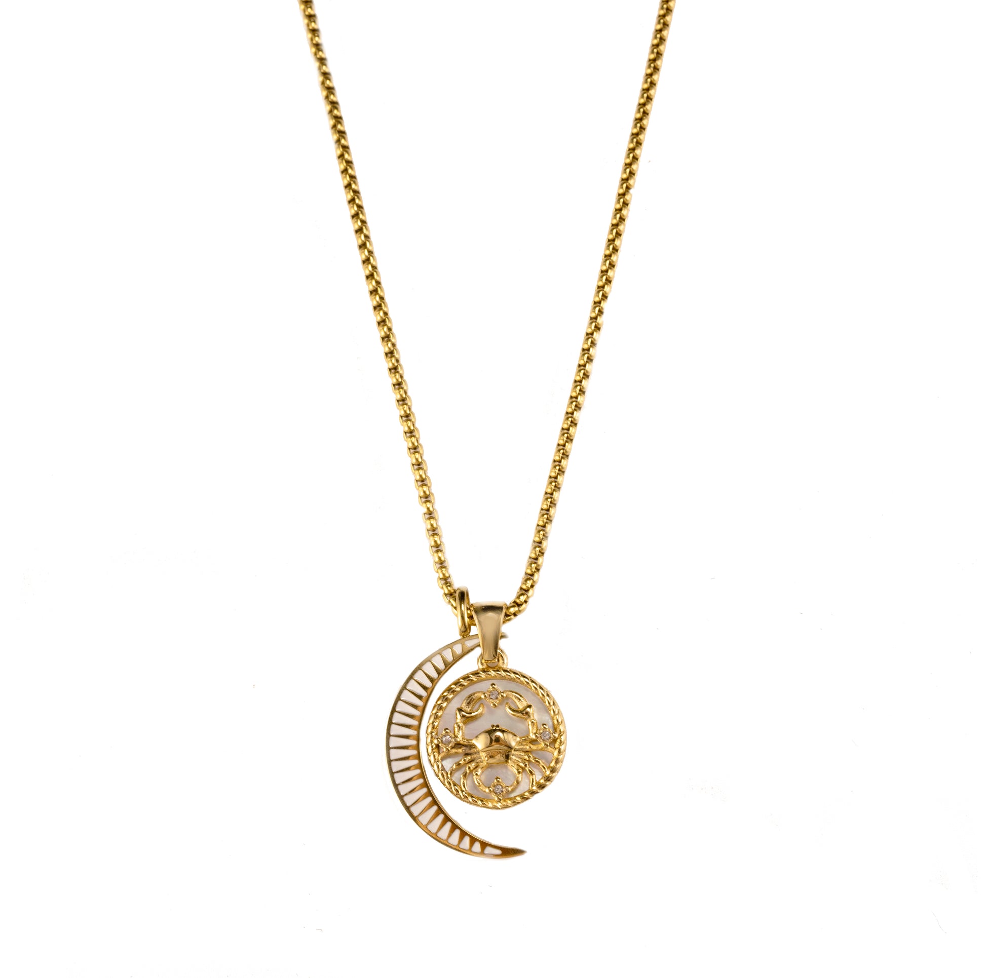 Gold Cancer zodiac necklace with rounded box chain and crescent moon charm, Lunara design by Silvbreeze, displayed on a clean neutral background