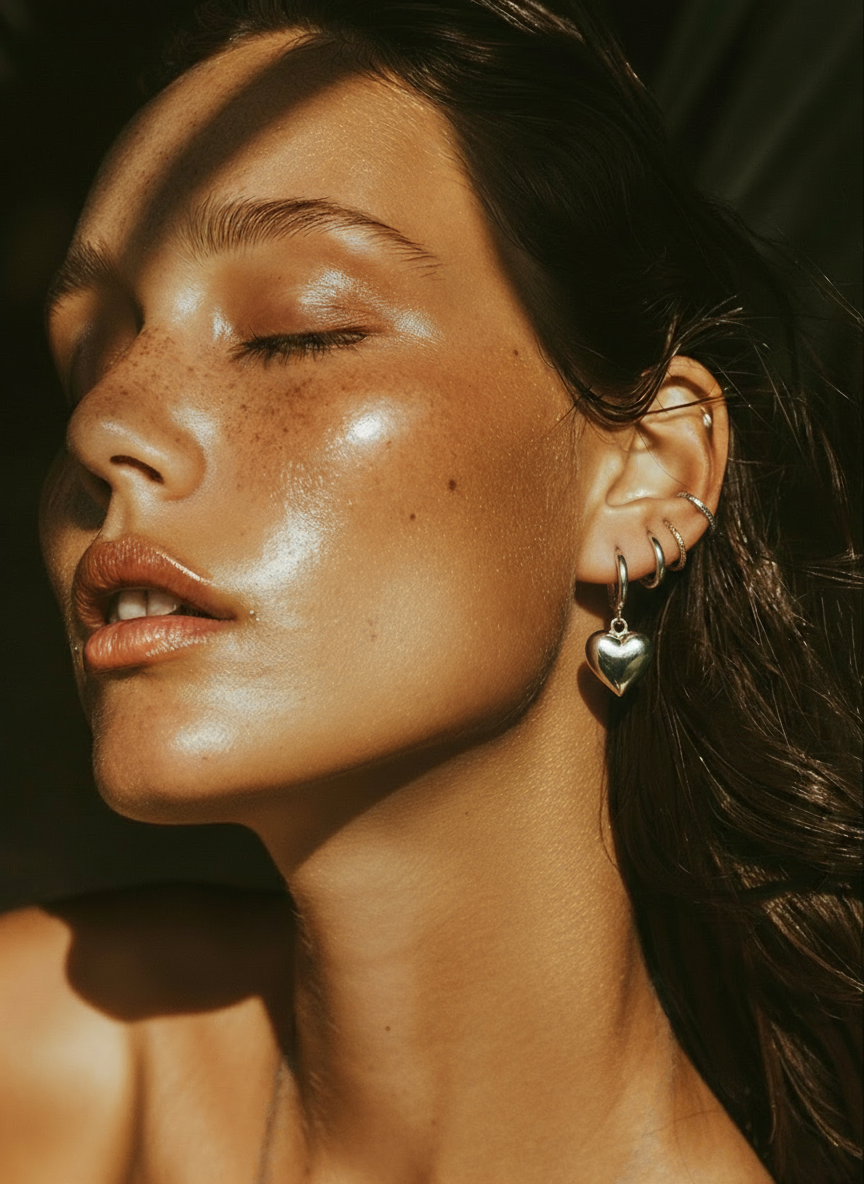 Model showcasing a 925 silver heart-drop huggie in an elegant ear stack for the Silvbreeze earrings collection.