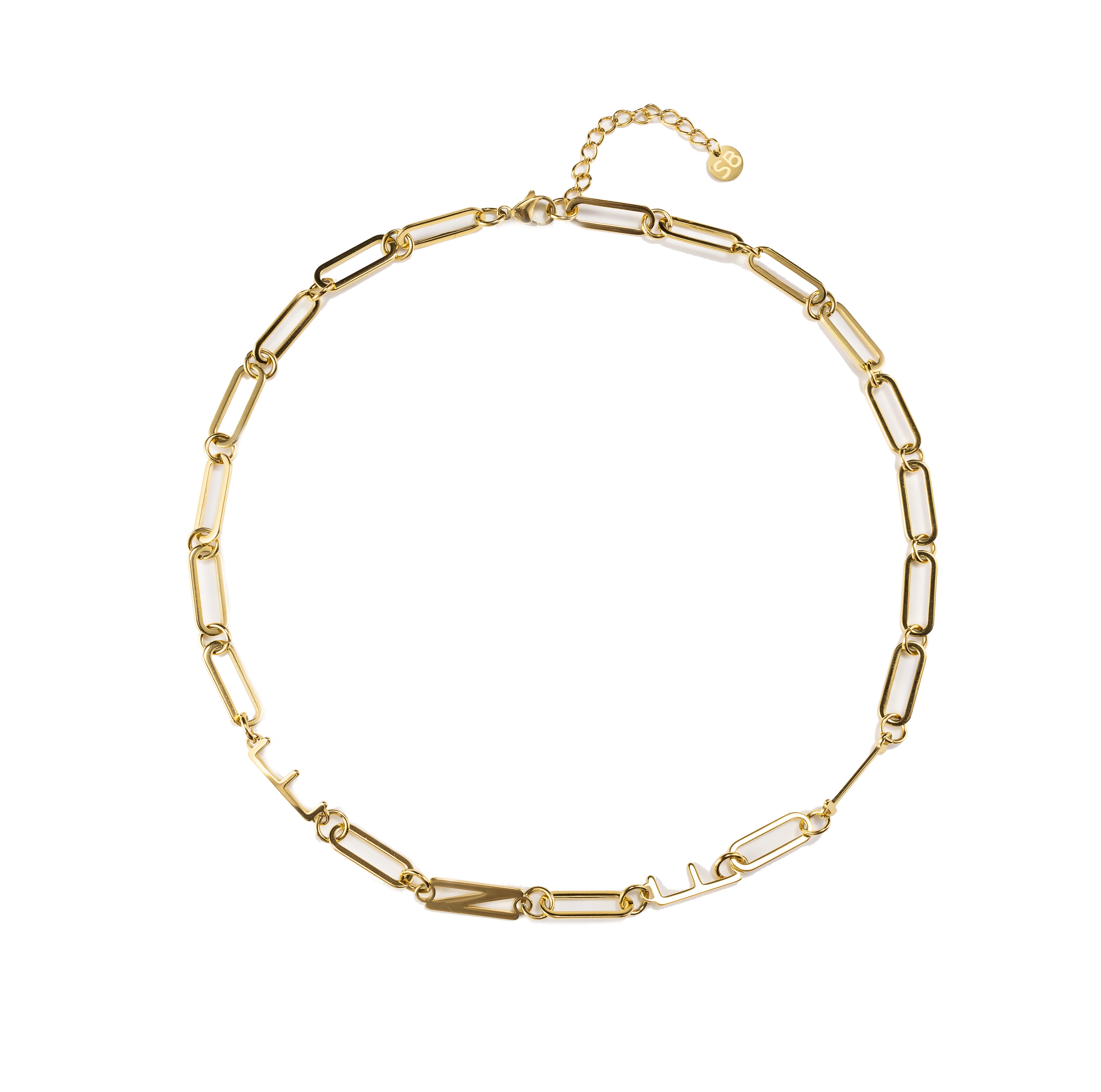 Waterproof gold ENFJ MBTI personality necklace with minimalist paperclip chain, tarnish-resistant stainless steel, displayed on a clean neutral background with 18K gold finish