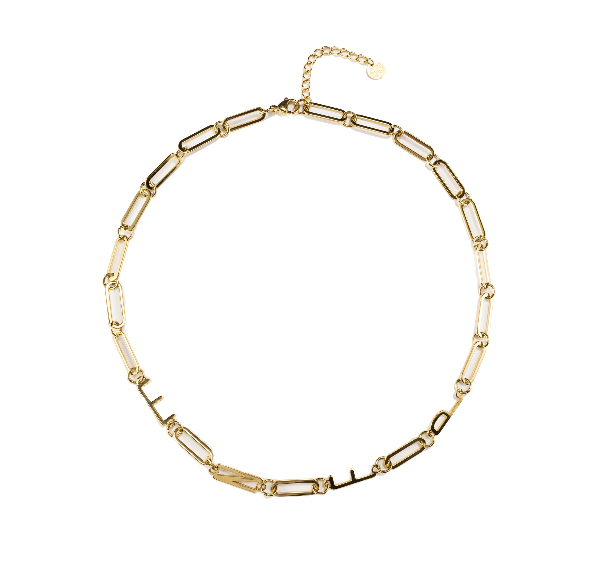 Waterproof gold ENFP MBTI personality necklace with minimalist paperclip chain, tarnish-resistant stainless steel, displayed on a clean neutral background with 18K gold finish