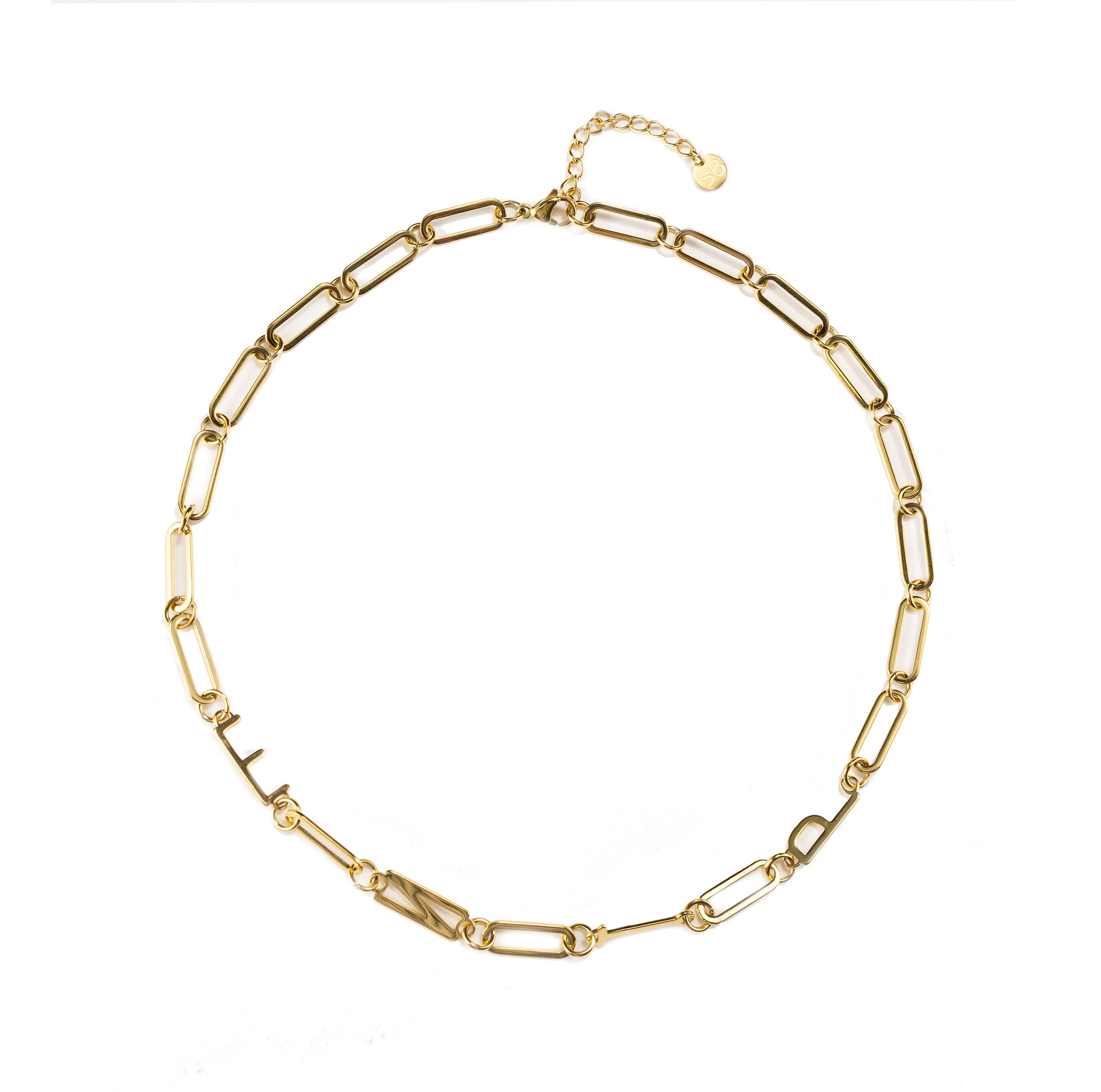 Waterproof gold ENTP MBTI personality necklace with minimalist paperclip chain, tarnish-resistant stainless steel, displayed on a clean neutral background with 18K gold finish