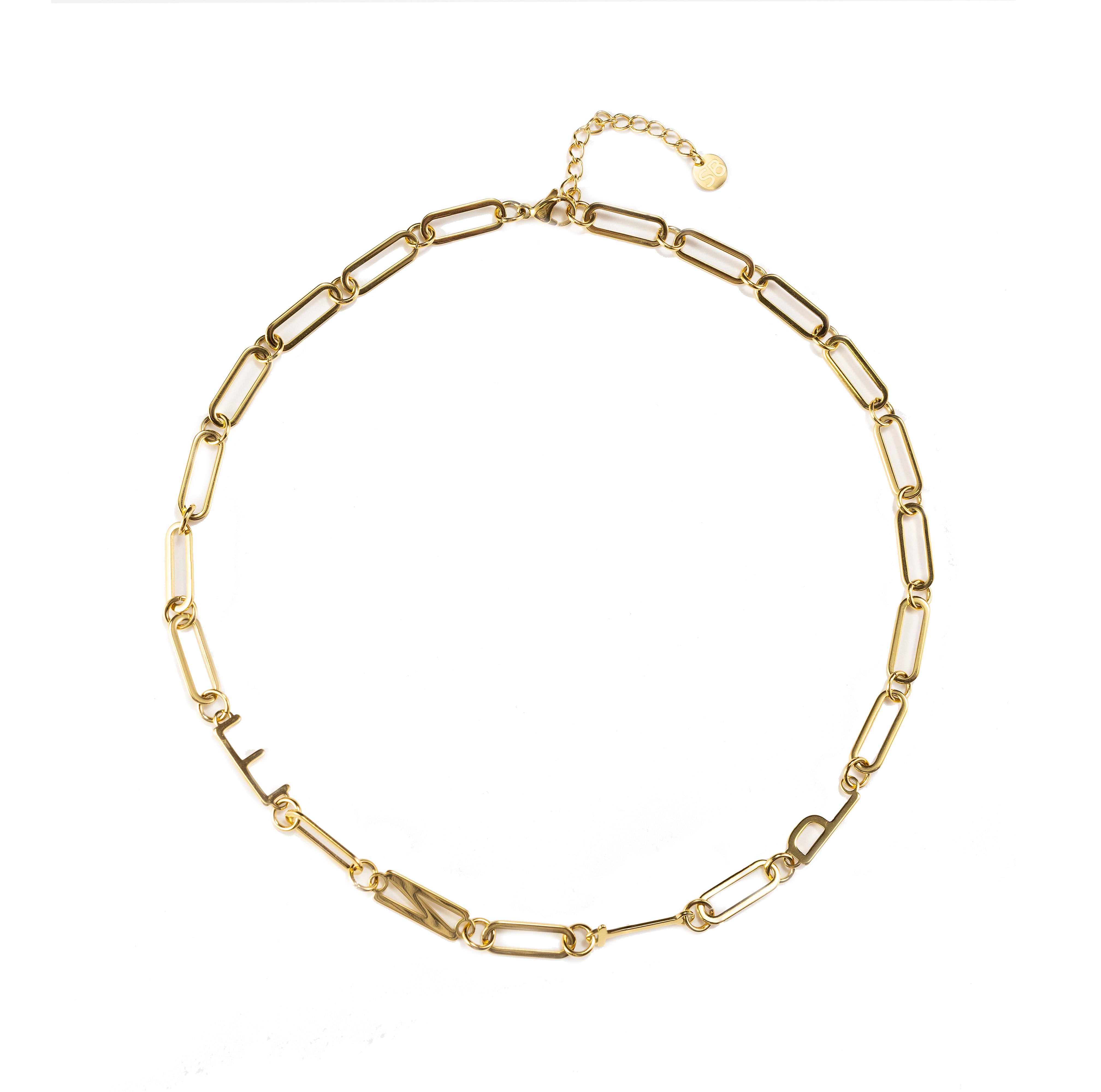 Waterproof gold ENTP MBTI personality necklace with minimalist paperclip chain, tarnish-resistant stainless steel, displayed on a clean neutral background with 18K gold finish