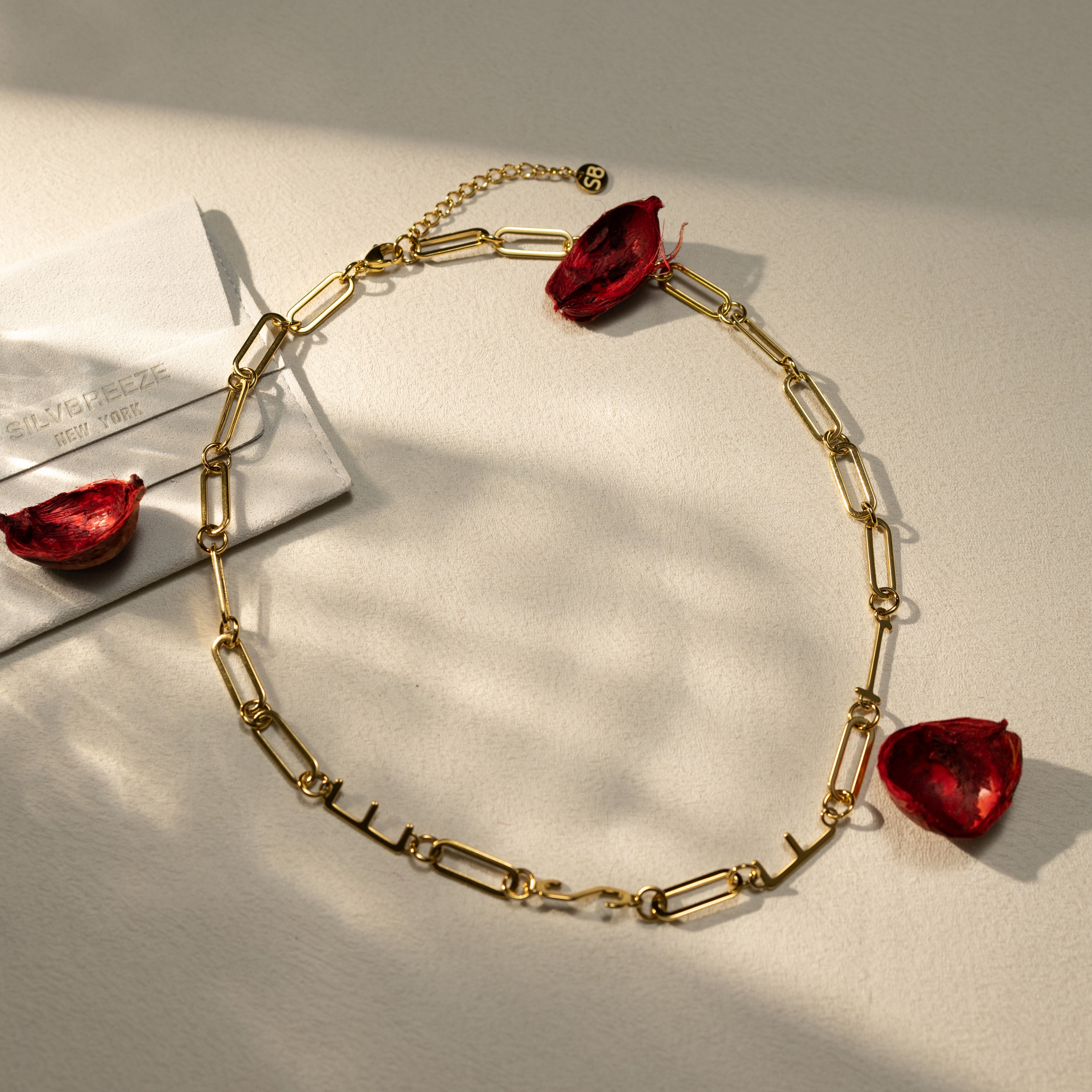 ESFJ gold paperclip chain necklace displayed on a suede jewelry pouch with dried rose petals in warm natural light, gift-ready packaging by Silvbreeze.