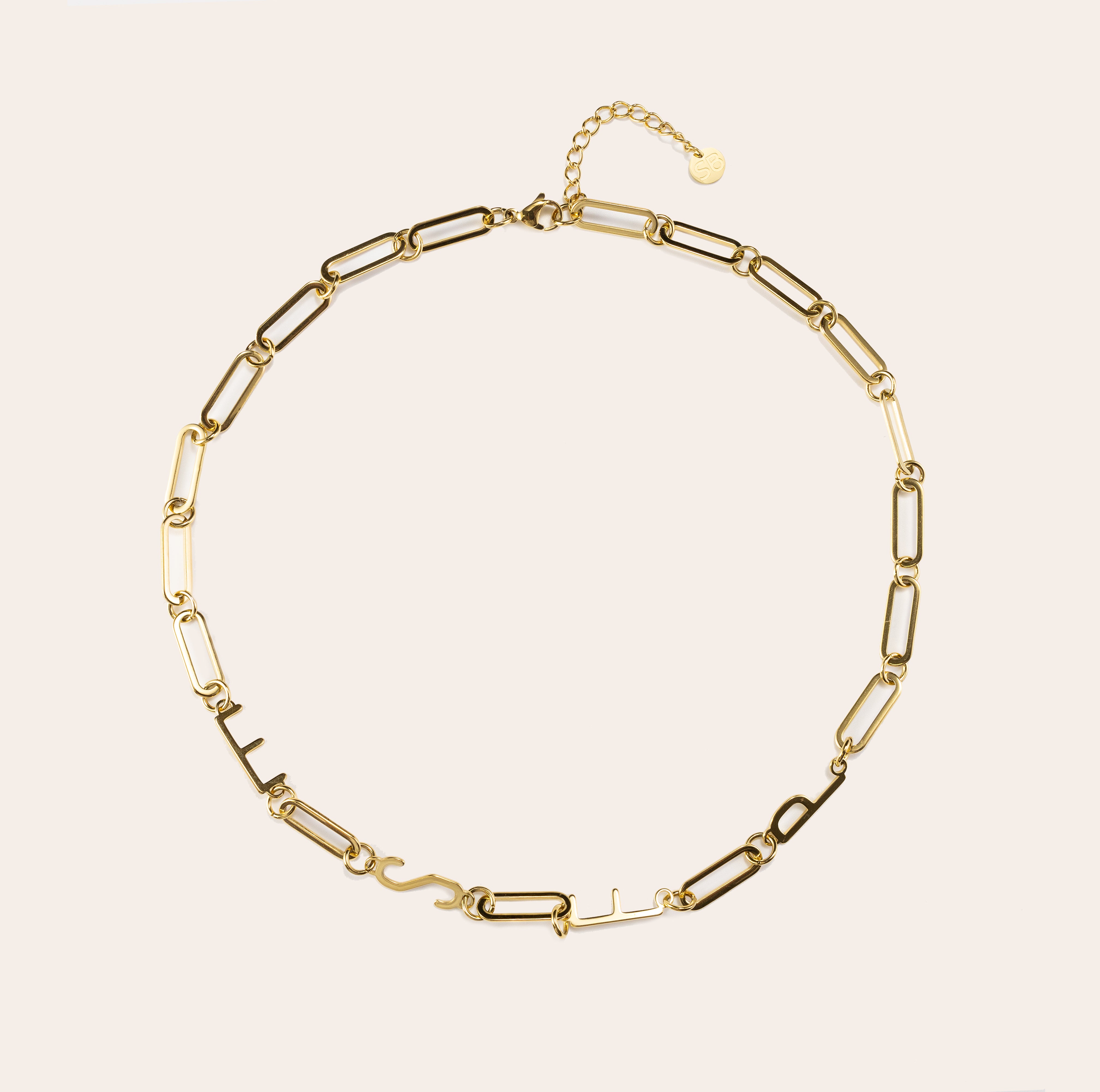 ESFP personality gold paperclip chain necklace in 18K PVD finish, displayed on a clean neutral background, minimalist jewelry product main image.