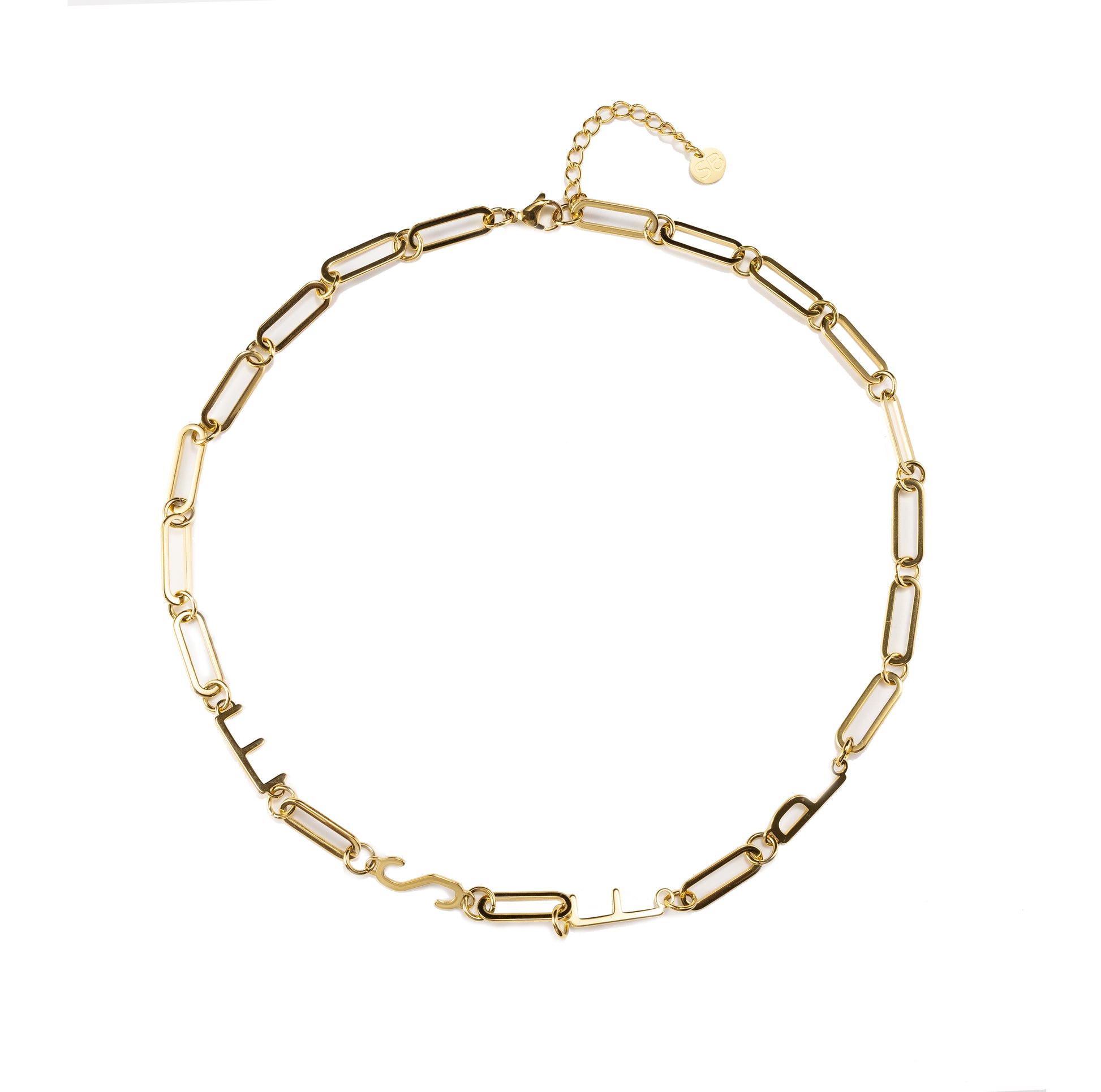 Waterproof gold ESFP MBTI personality necklace with minimalist paperclip chain, tarnish-resistant stainless steel, displayed on a clean neutral background with 18K gold finish