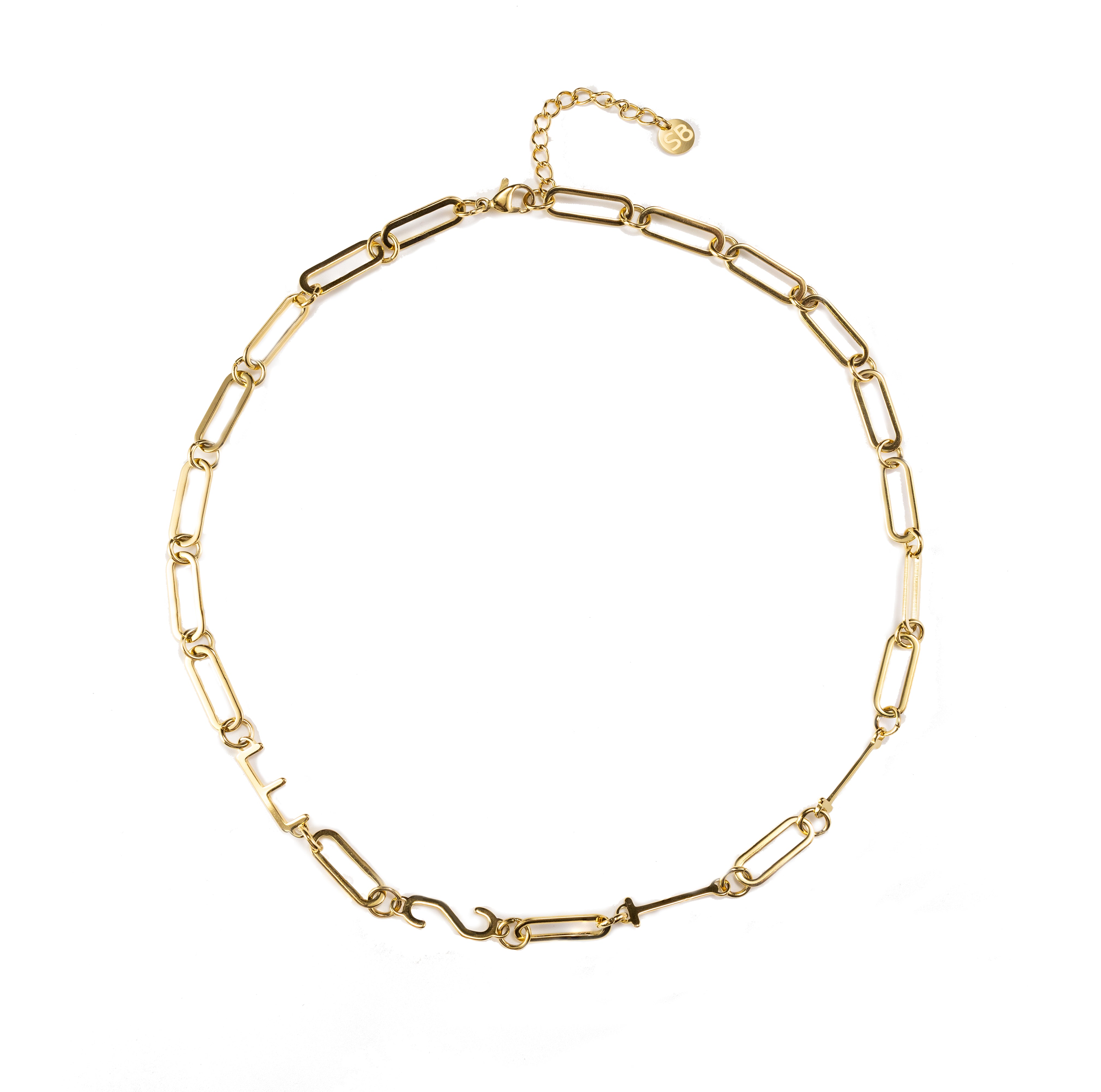 Waterproof gold ESTJ MBTI personality necklace with paperclip chain, tarnish-resistant stainless steel design on white background