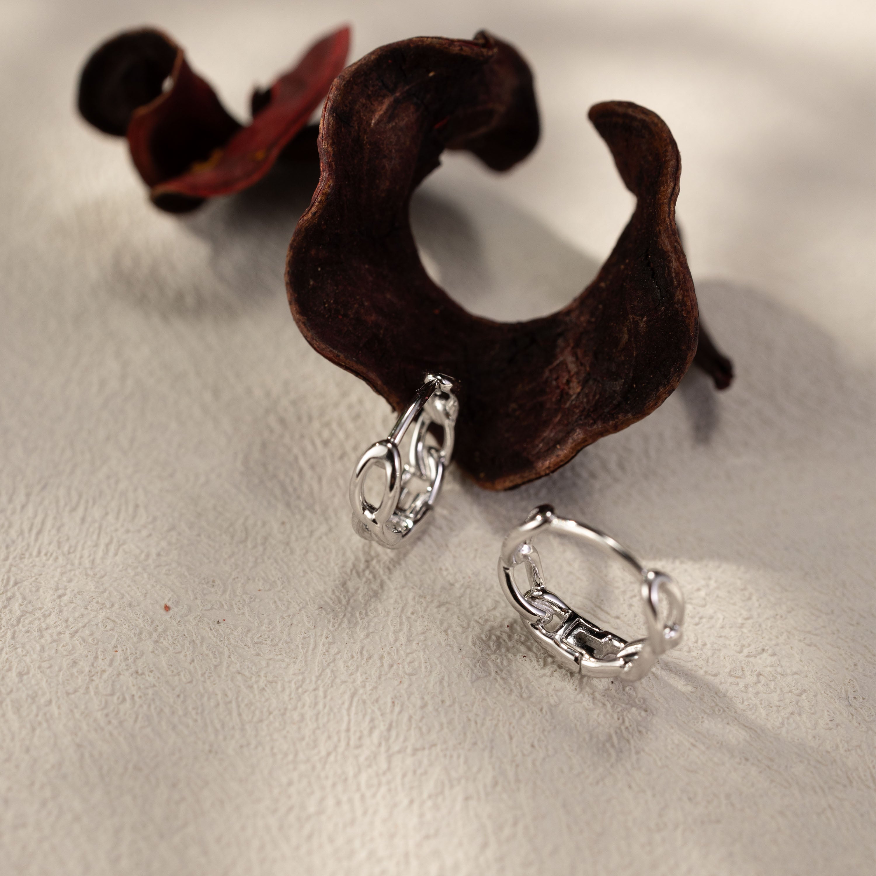 Eva twisted link huggie hoop earrings in white gold vermeil, crafted from solid sterling silver, displayed on a textured neutral surface with natural dried leaves, warm light and soft shadows, modern everyday waterproof jewelry by SILVBREEZE