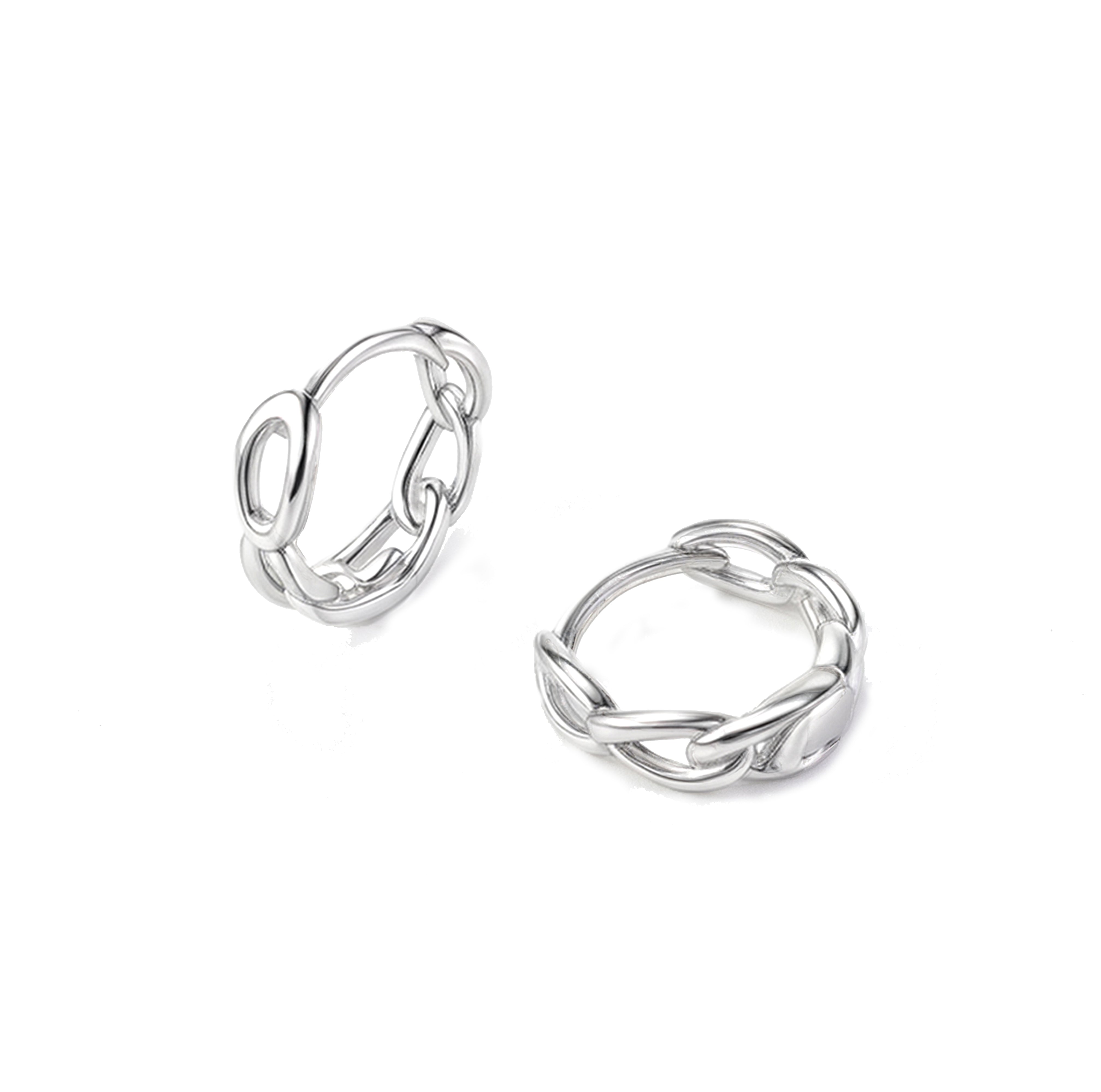 Eva white gold vermeil huggie hoop earrings in solid sterling silver with a modern twisted link design, lightweight waterproof hypoallergenic everyday jewelry, displayed on a clean white background