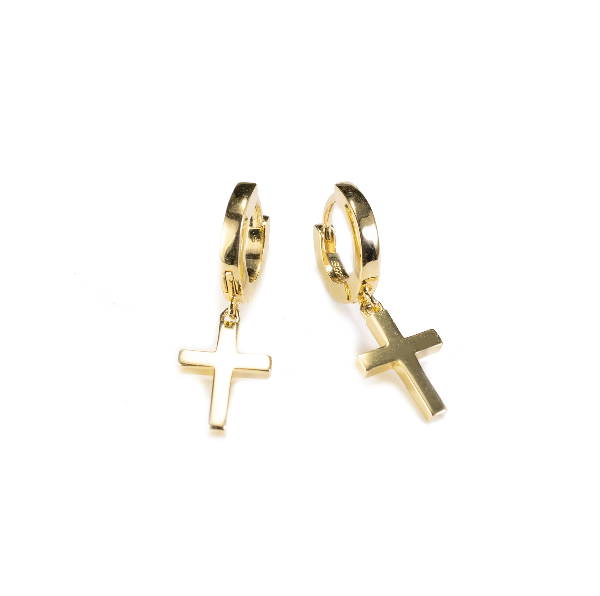 Silvbreeze Halo 14K gold vermeil cross huggie earrings, sleek minimalist dangling cross charm hoops, sterling silver gold plated modern athleisure jewelry product image