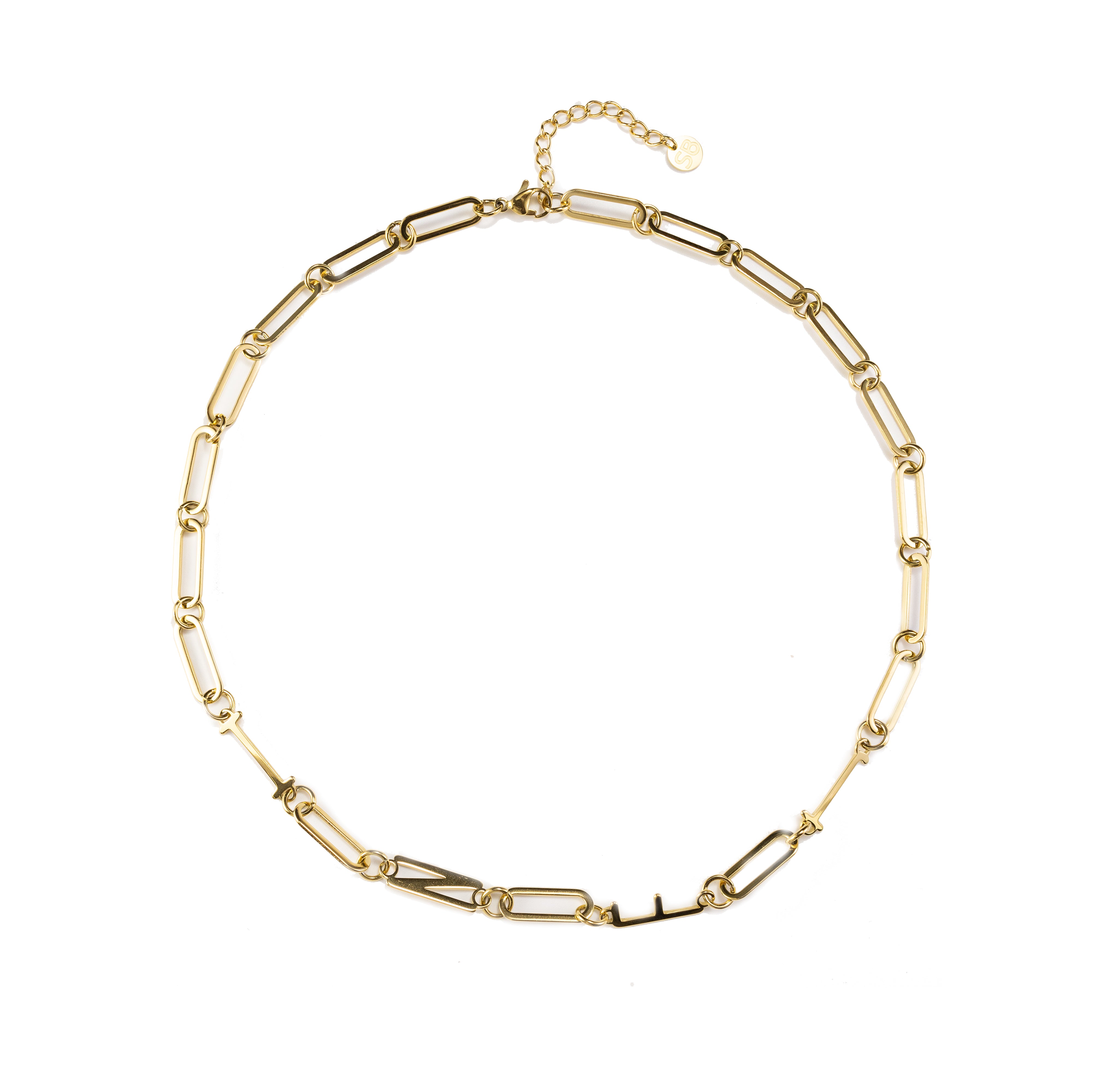 INFJ gold MBTI personality necklace with 18K gold paperclip chain, full product front view on neutral background.