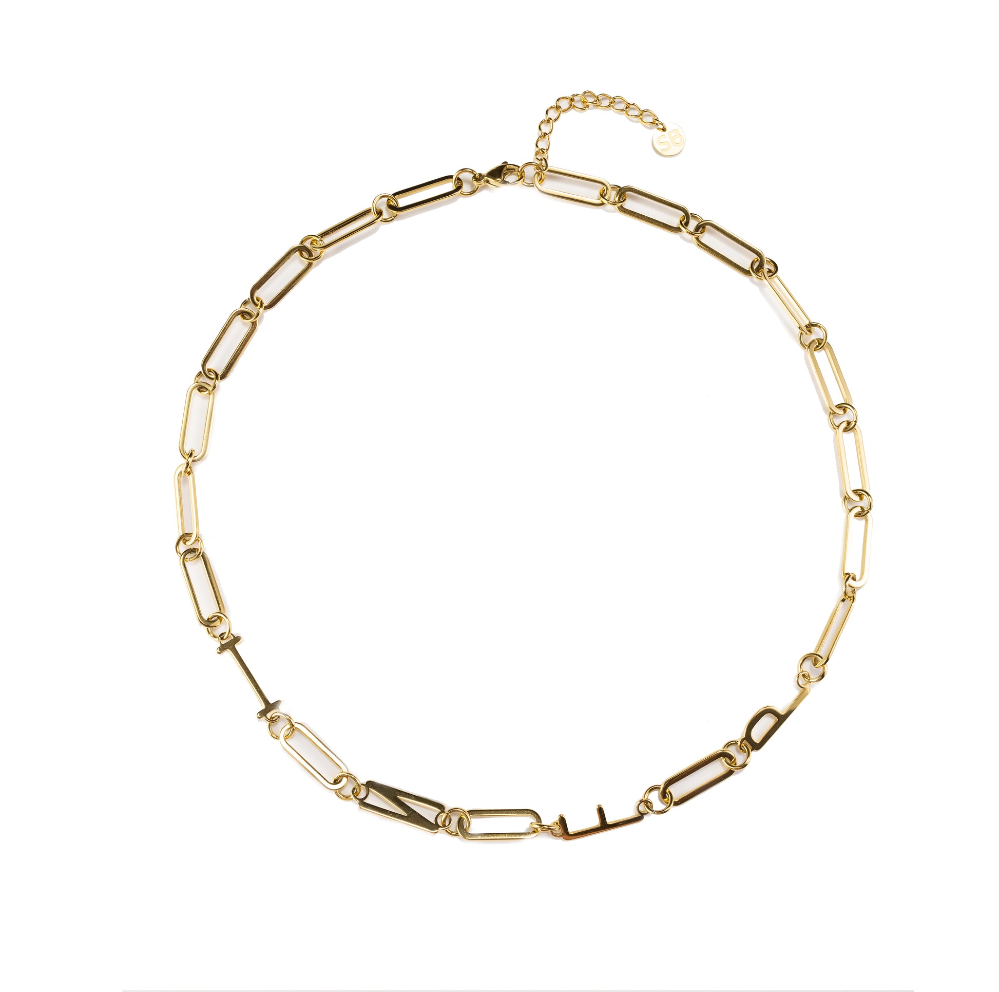 Waterproof gold INFP MBTI personality necklace with minimalist paperclip chain, tarnish-resistant stainless steel, displayed on a clean neutral background with 18K gold finish