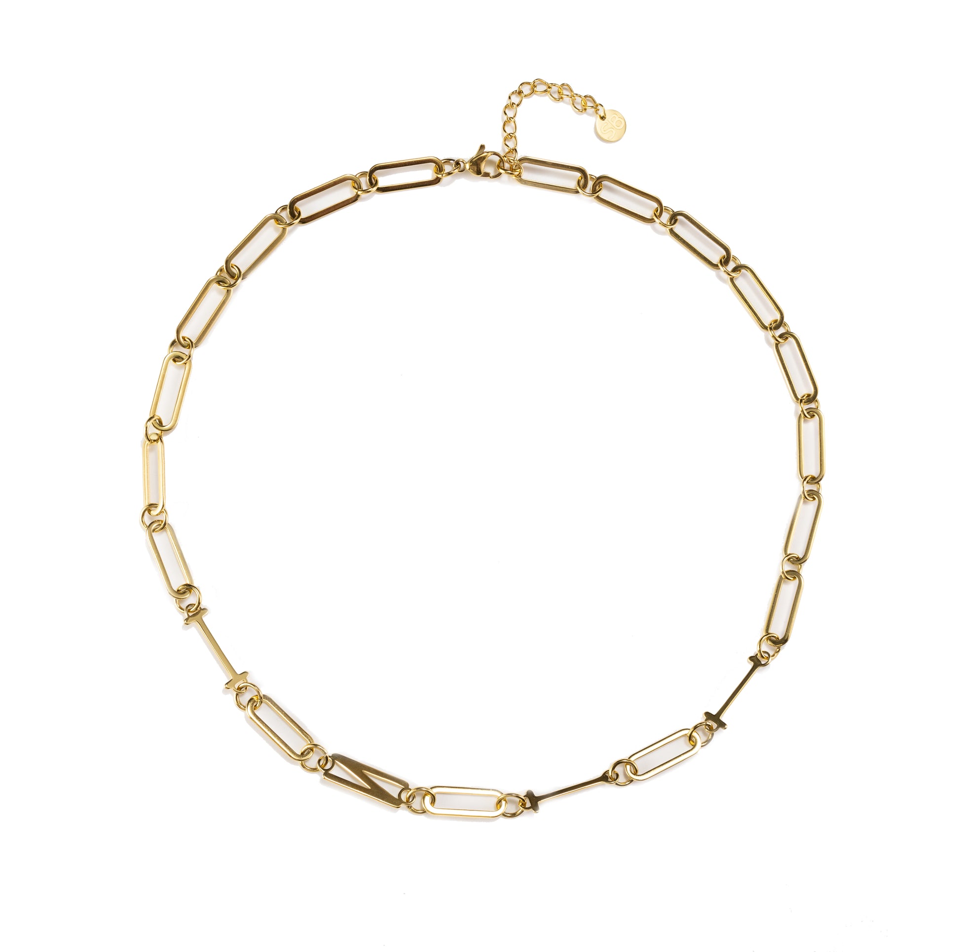 Waterproof gold INTJ MBTI personality necklace with minimalist paperclip chain, tarnish-resistant stainless steel, displayed on a clean neutral background with 18K gold finish