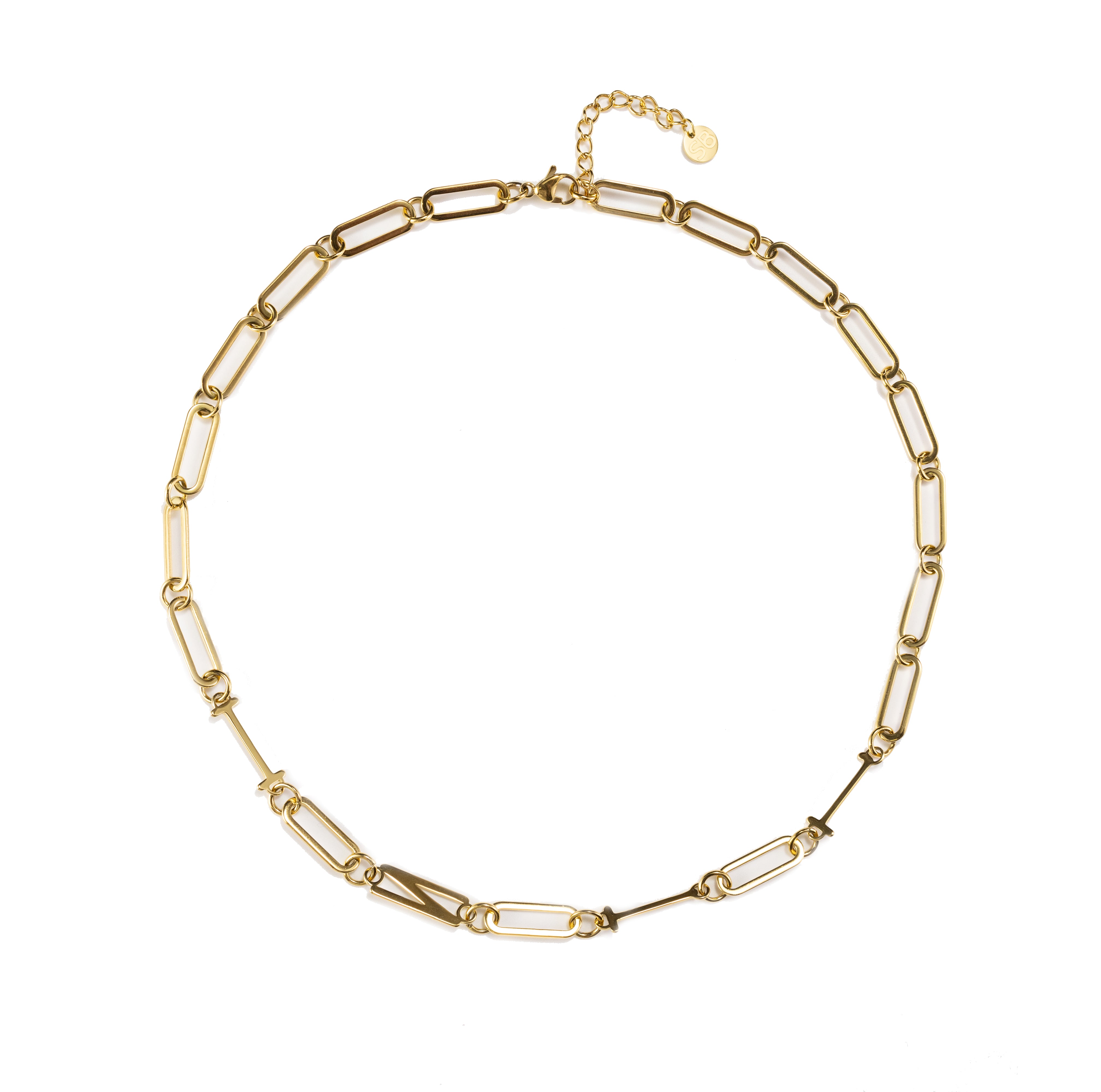 Waterproof gold INTJ MBTI personality necklace with minimalist paperclip chain, tarnish-resistant stainless steel, displayed on a clean neutral background with 18K gold finish