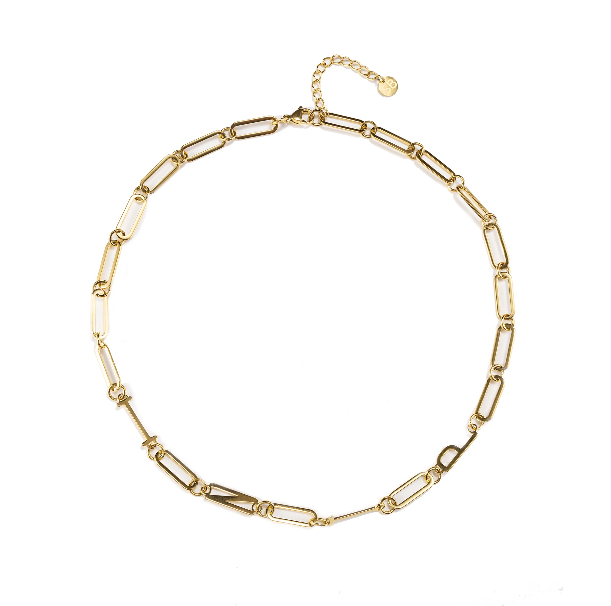 Waterproof gold INTP MBTI personality necklace with minimalist paperclip chain, tarnish-resistant stainless steel, displayed on a clean neutral background with 18K gold finish