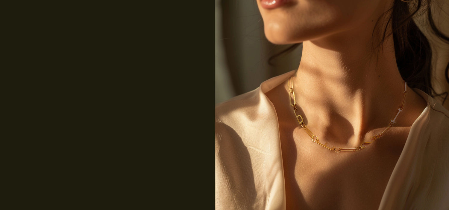 Model wearing a gold MBTI personality necklace from Silvbreeze, featured in the Black Friday sale banner.