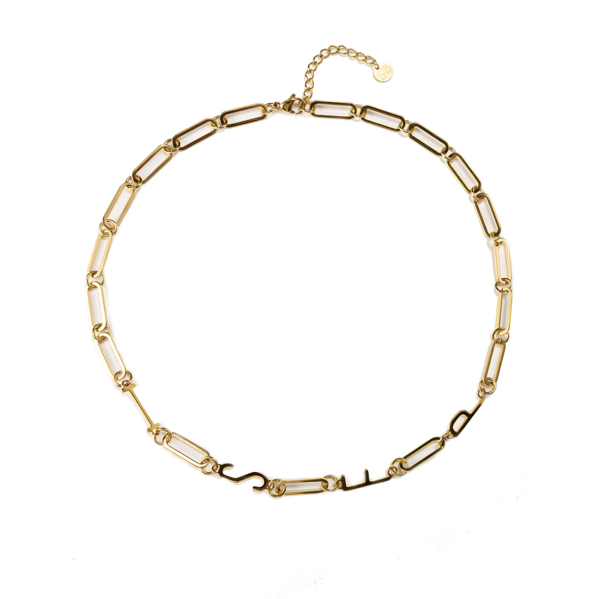 Waterproof gold ISFP MBTI personality necklace with minimalist paperclip chain, tarnish-resistant stainless steel, displayed on a clean neutral background with 18K gold finish