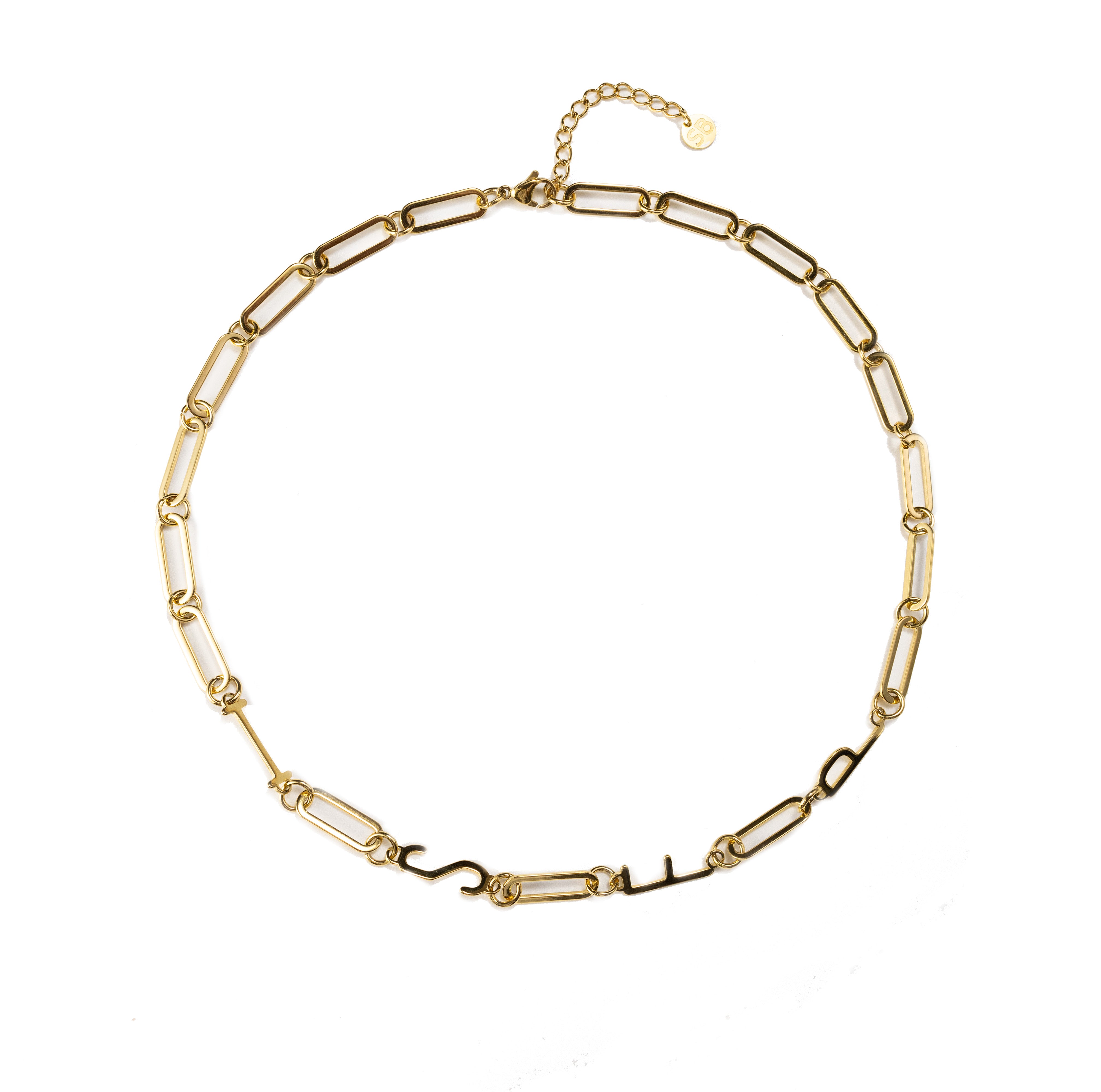 Waterproof gold ISFP MBTI personality necklace with minimalist paperclip chain, tarnish-resistant stainless steel, displayed on a clean neutral background with 18K gold finish