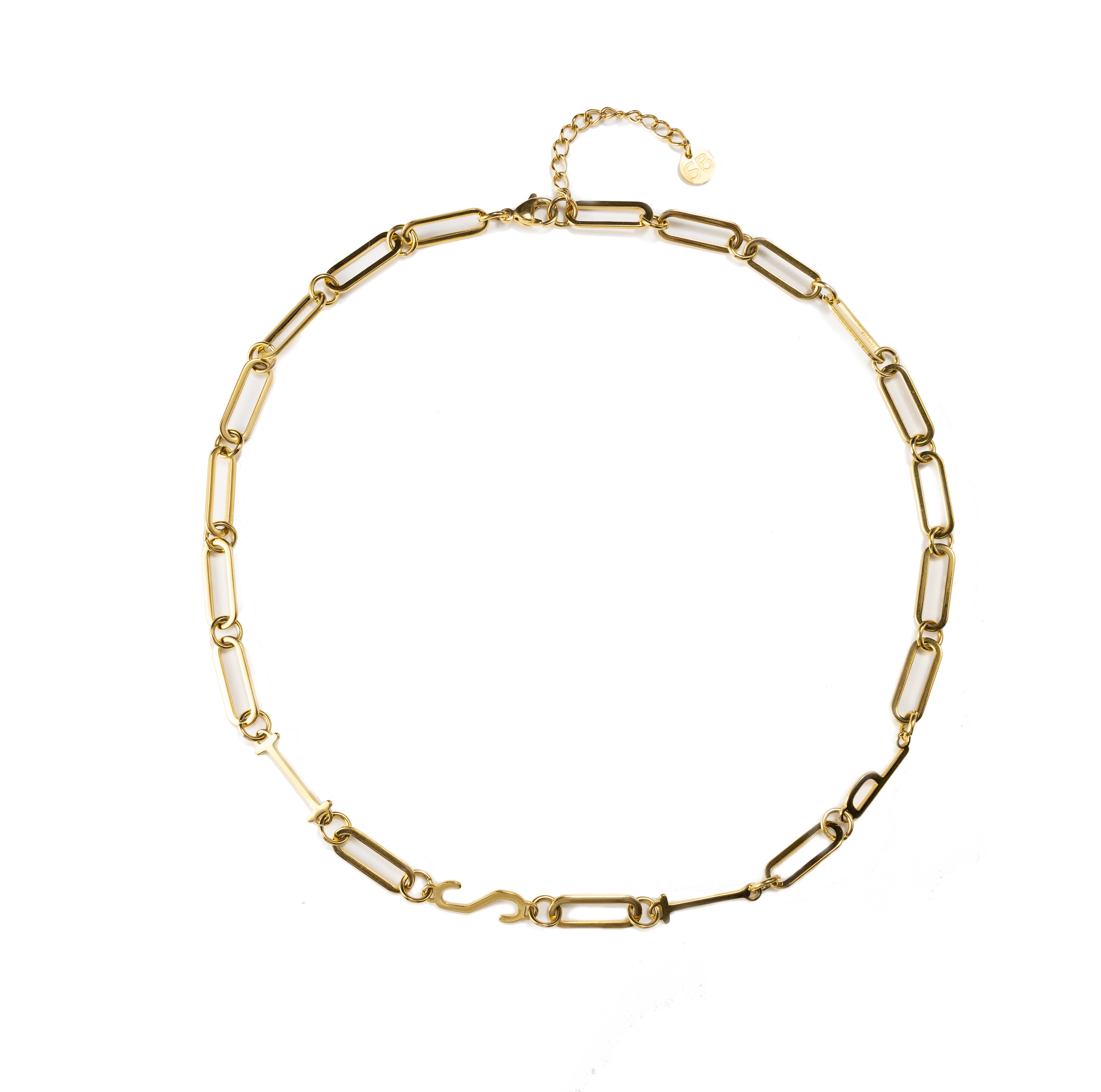 Waterproof gold ISTP MBTI personality necklace with minimalist paperclip chain, tarnish-resistant stainless steel, displayed on a clean neutral background with 18K gold finish