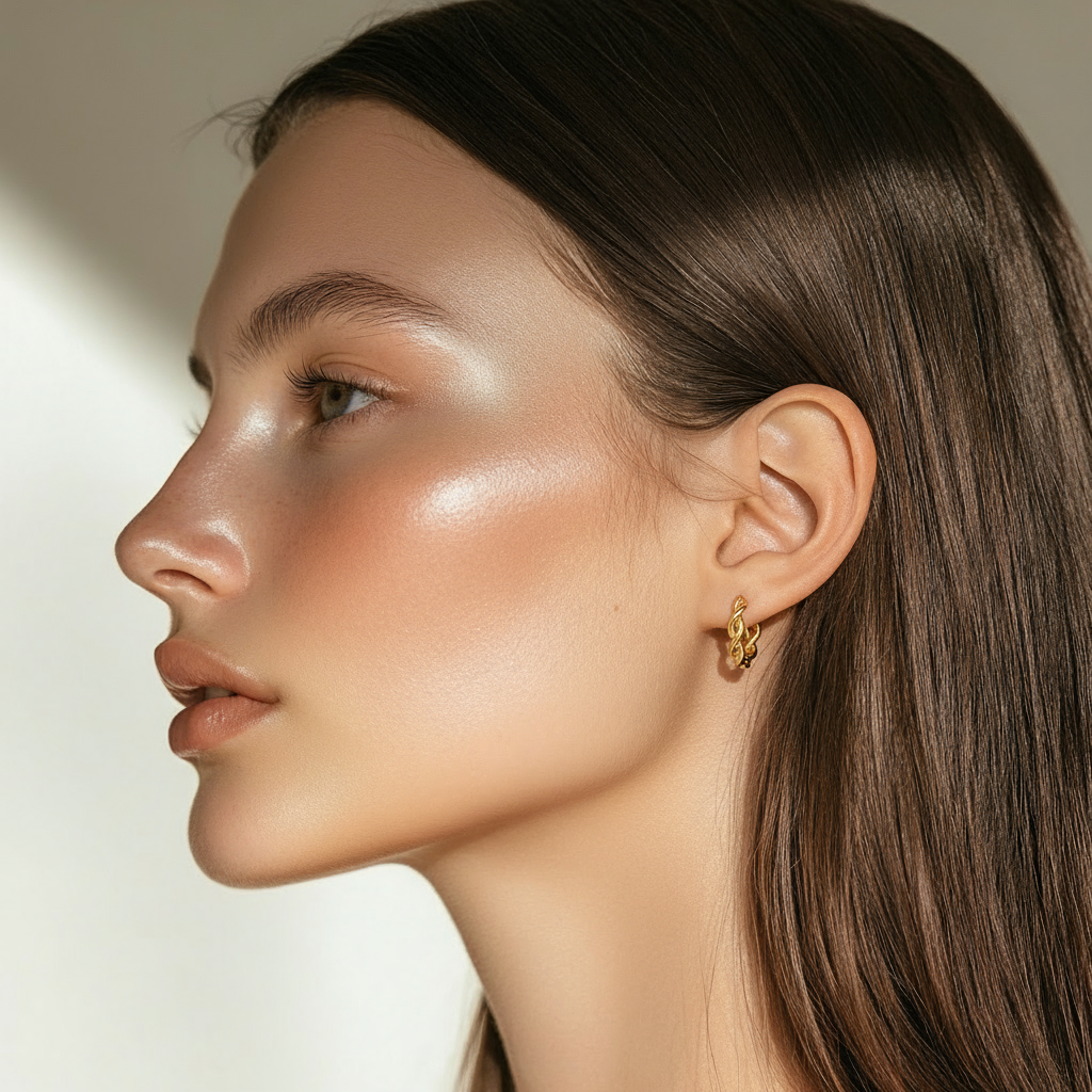 Side profile lifestyle shot of a woman wearing SILVBREEZE Kiva twisted huggie hoop earrings in 14K gold vermeil, showcasing small lightweight hoop fit and elegant shine