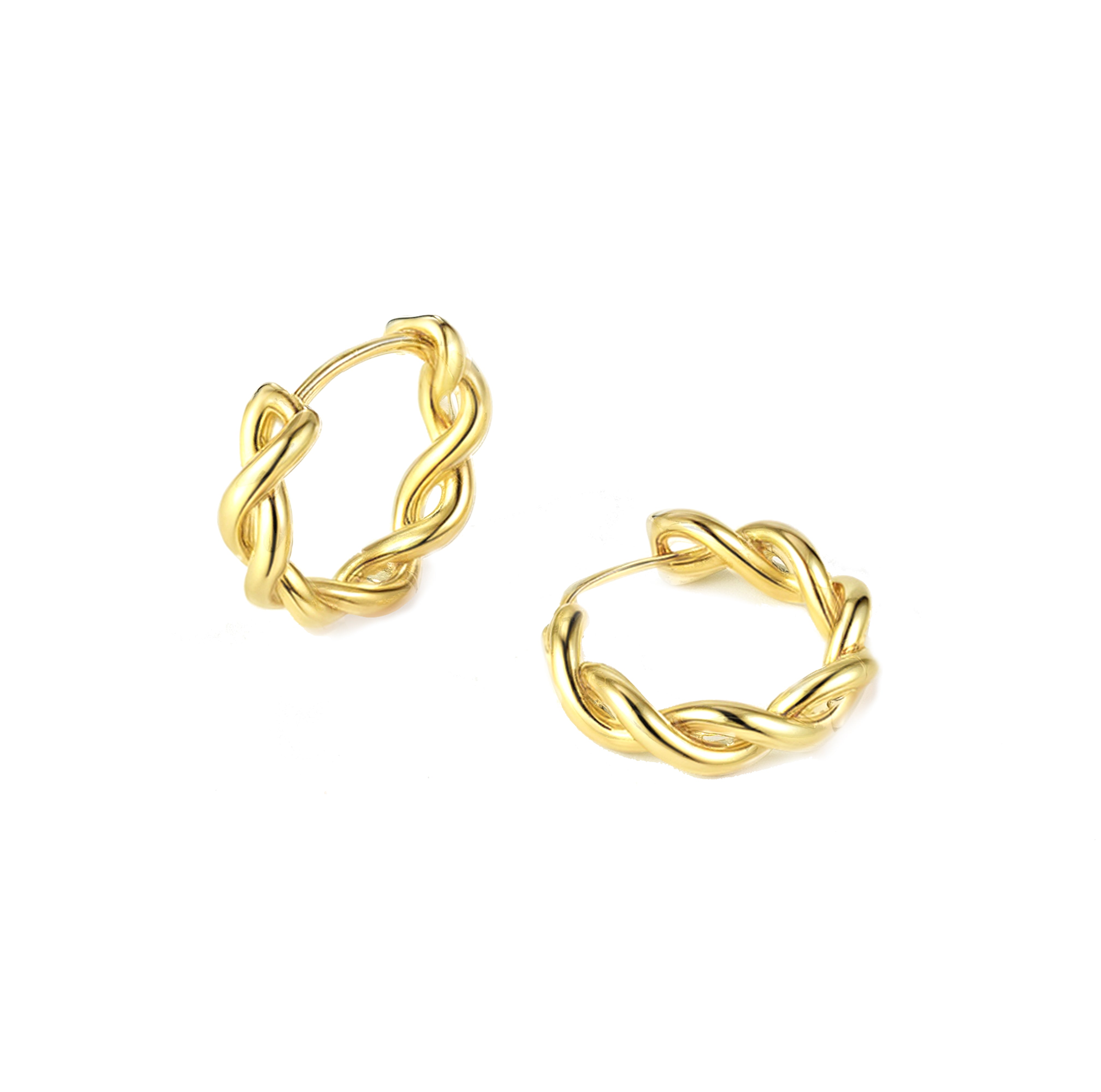 Kiva twisted huggie hoop earrings in warm 14K gold vermeil, crafted from solid sterling silver with a lightweight small hoop design, waterproof tarnish-resistant hypoallergenic everyday jewelry by SILVBREEZE on a white background