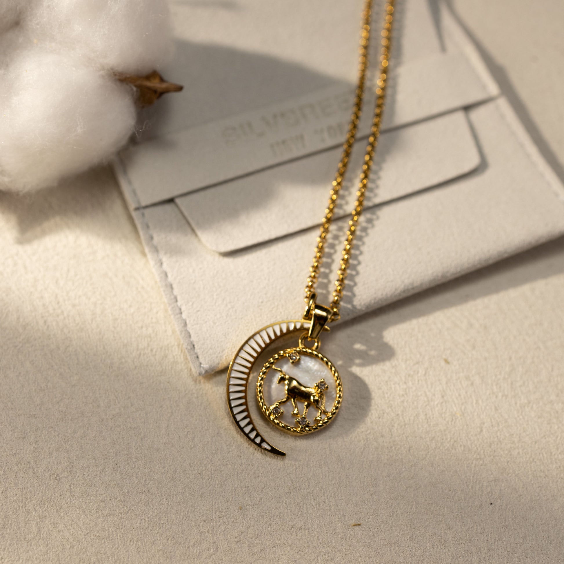 Silvbreeze Lunara Taurus zodiac necklace with rolo chain and moon mother-of-pearl pendant displayed on a suede jewelry pouch.