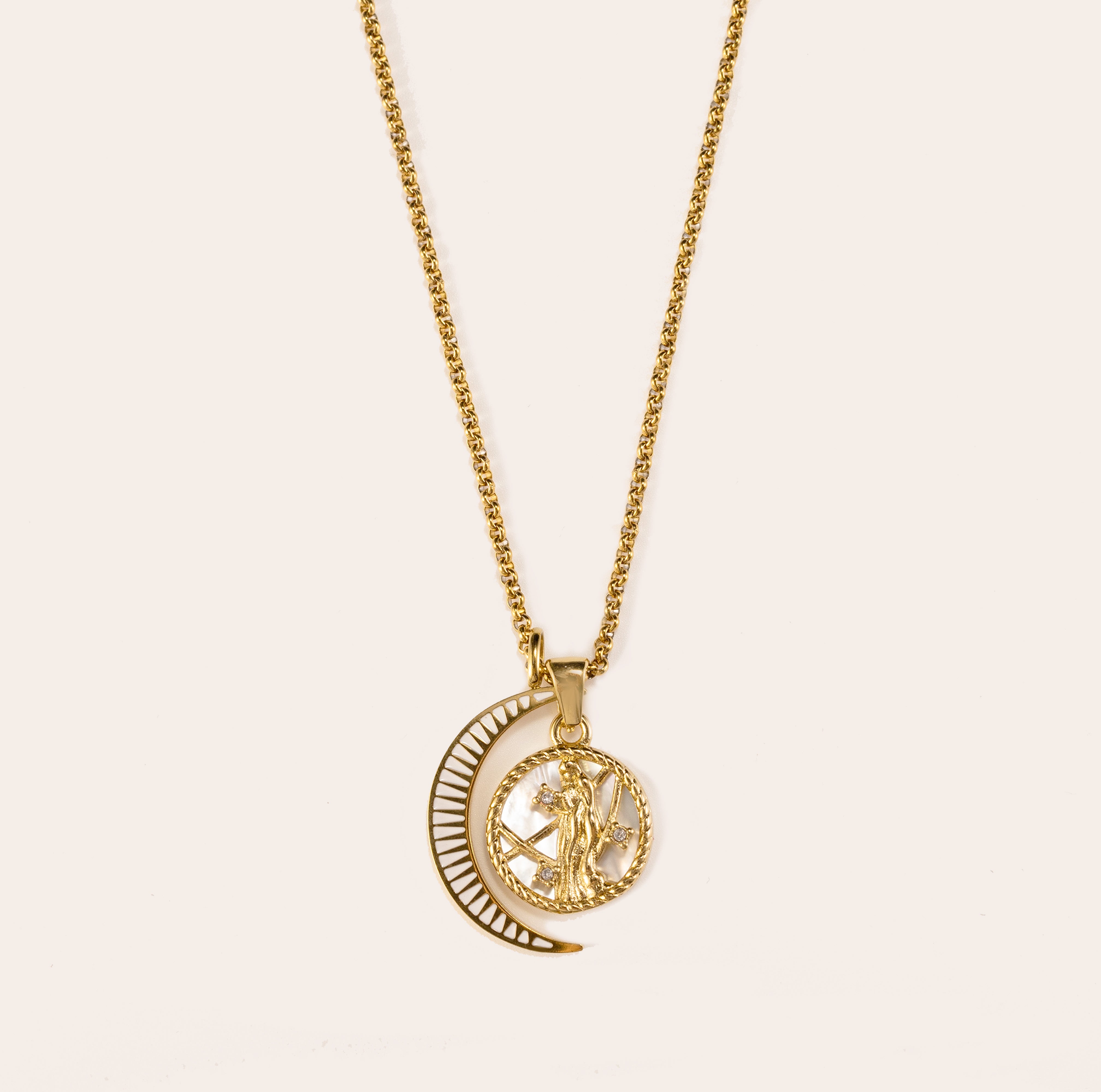 Silvbreeze Lunara Virgo zodiac necklace with a gold rolo chain and moon mother-of-pearl charm on a clean neutral background.
