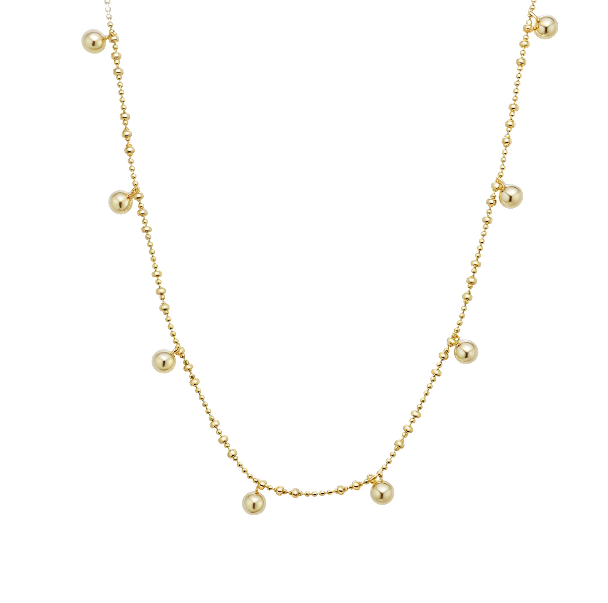 Lyric gold vermeil sterling silver beaded necklace with floating polished round beads on a delicate chain, crafted in 14K gold vermeil over sterling silver, lightweight waterproof athleisure jewelry, displayed on a clean white background