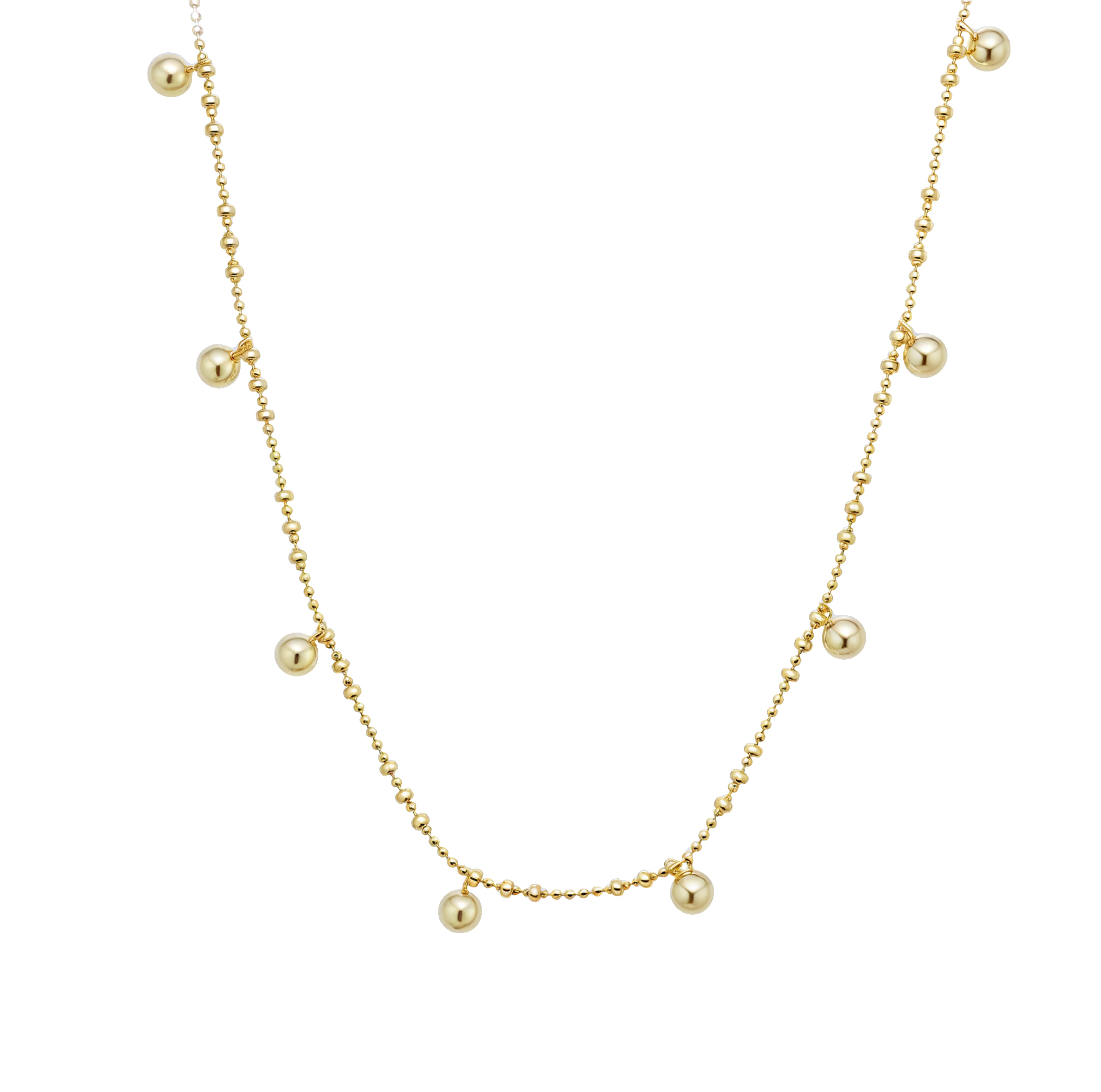 Lyric gold vermeil sterling silver beaded necklace with floating polished round beads on a delicate chain, crafted in 14K gold vermeil over sterling silver, lightweight waterproof athleisure jewelry, displayed on a clean white background