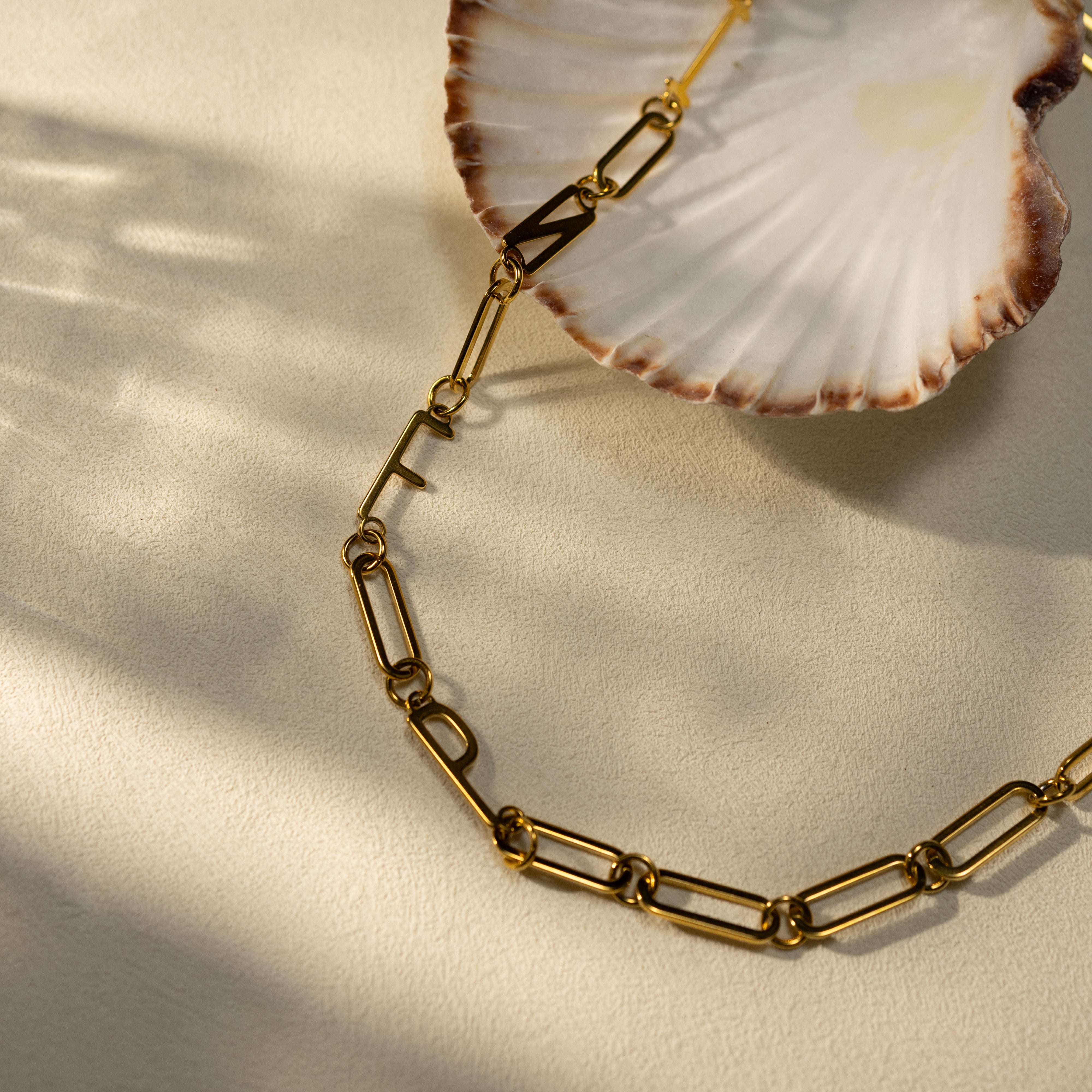 INFP 18K gold paperclip chain necklace styled beside a seashell in warm natural light, showcasing minimalist aesthetic jewelry for women and personalized MBTI gift appeal.
