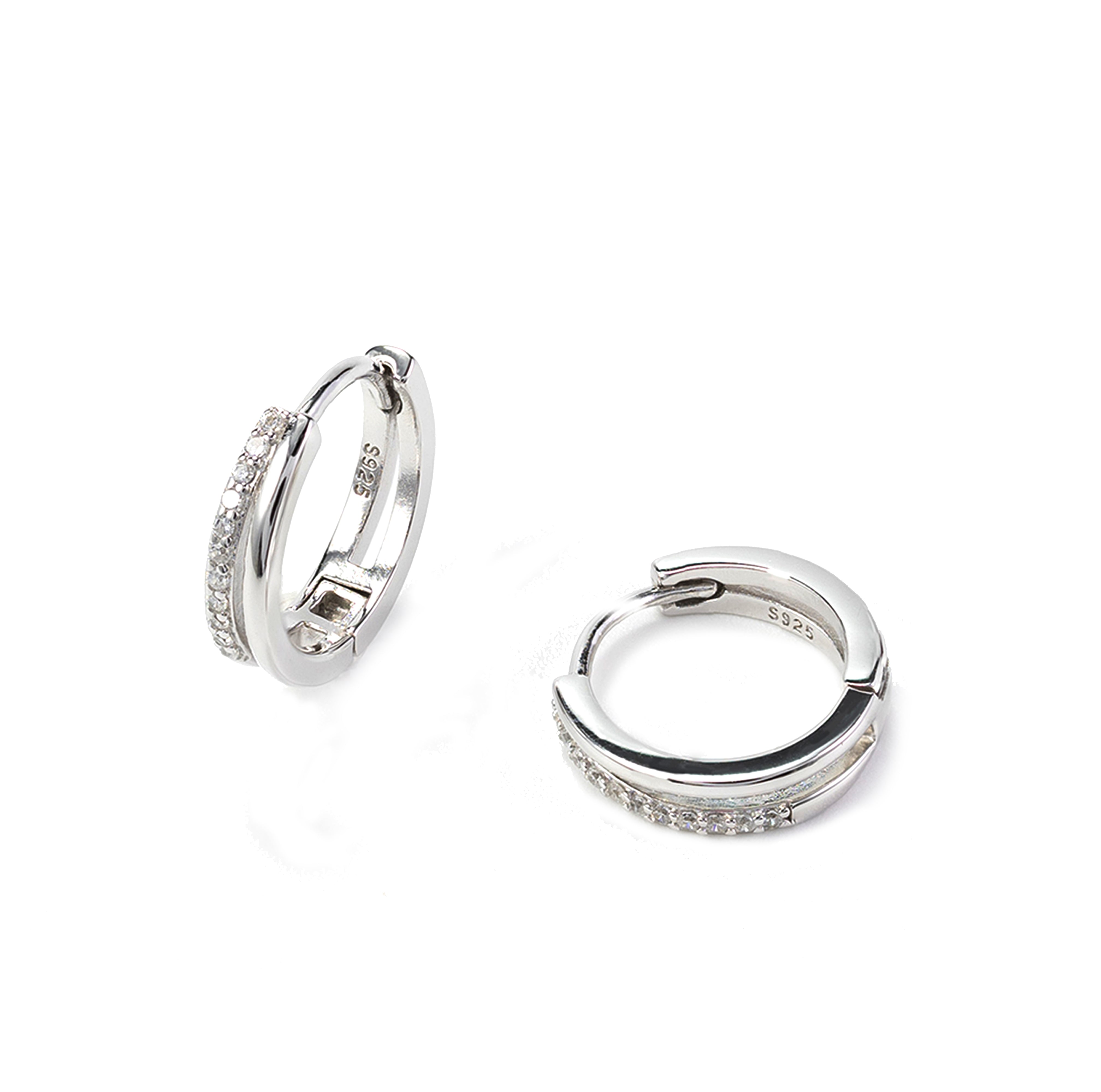 Nira white gold vermeil huggie earrings with cubic zirconia, sterling silver small hoop earrings, lightweight waterproof jewelry by SILVBREEZE