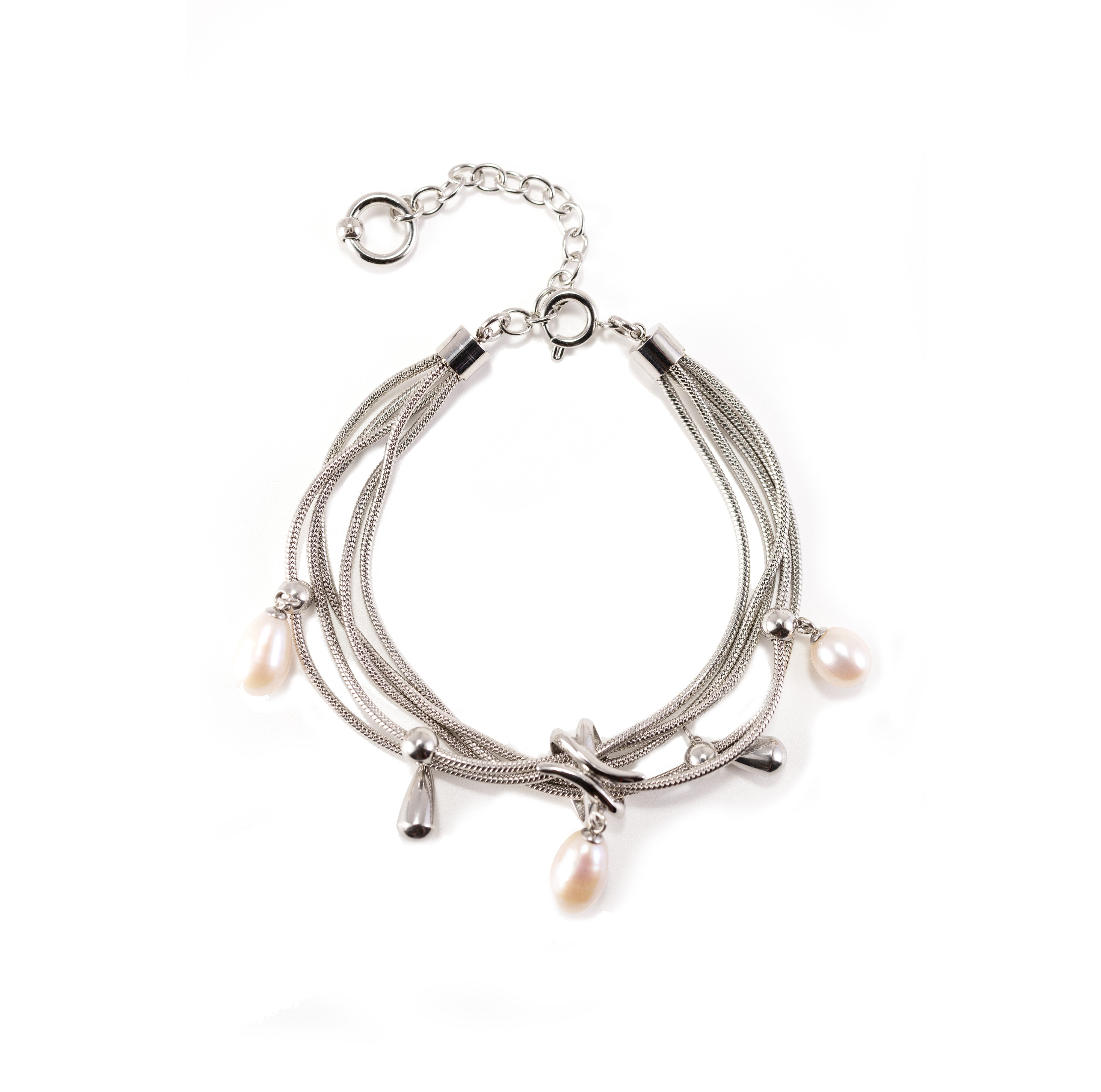 Silvbreeze NORN pearl bracelet featuring natural mother of pearl beads and stainless steel snake chains on a clean white background